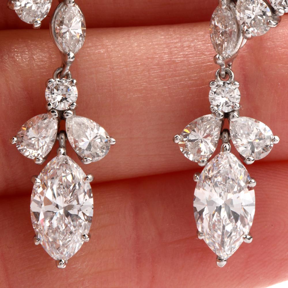 Vintage Multi Shape 6.65 Carat Diamond Platinum Dangle Drop Earrings In Excellent Condition For Sale In Miami, FL
