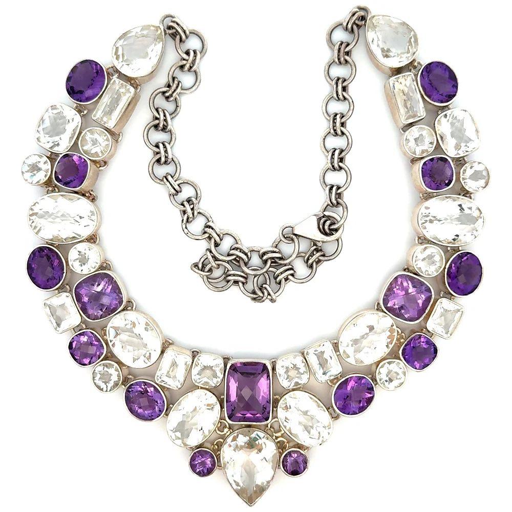 Semplicemente bello! Collana d'epoca multiforme in ametista e quarzo in argento sterling. Incastonato a mano in argento Sterling 925. La collana misura circa 20
