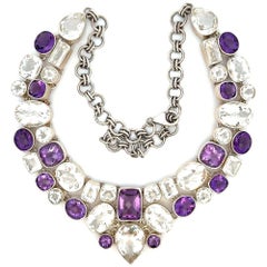 Vintage Multi-shape Amethyst and Quartz Sterling Silver Statement Bib Necklace