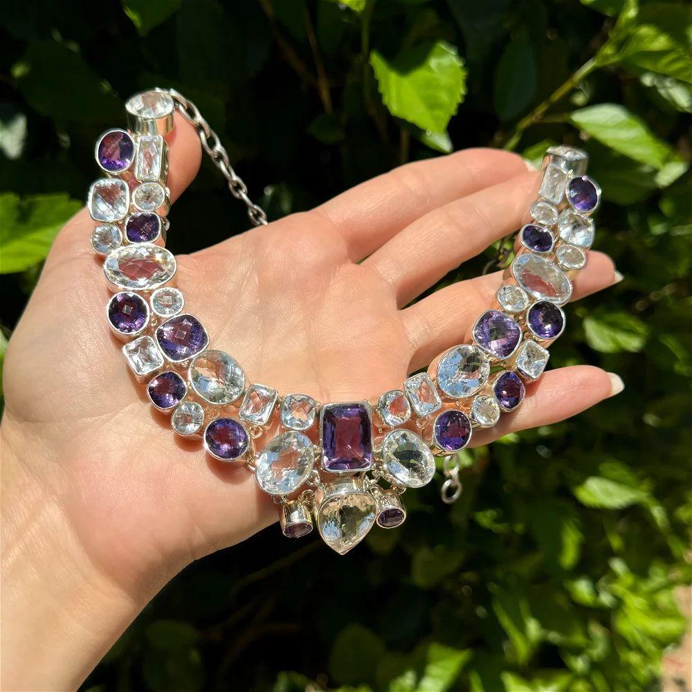 Modernista Collana a pettorina d'epoca in argento sterling con ametista e quarzo a forma multipla in vendita