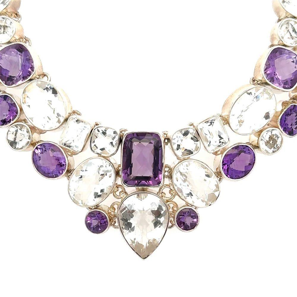 Taglio misto Collana a pettorina d'epoca in argento sterling con ametista e quarzo a forma multipla in vendita