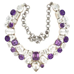Vintage Multi-shape Amethyst and Quartz Sterling Silver Statement Bib Necklace