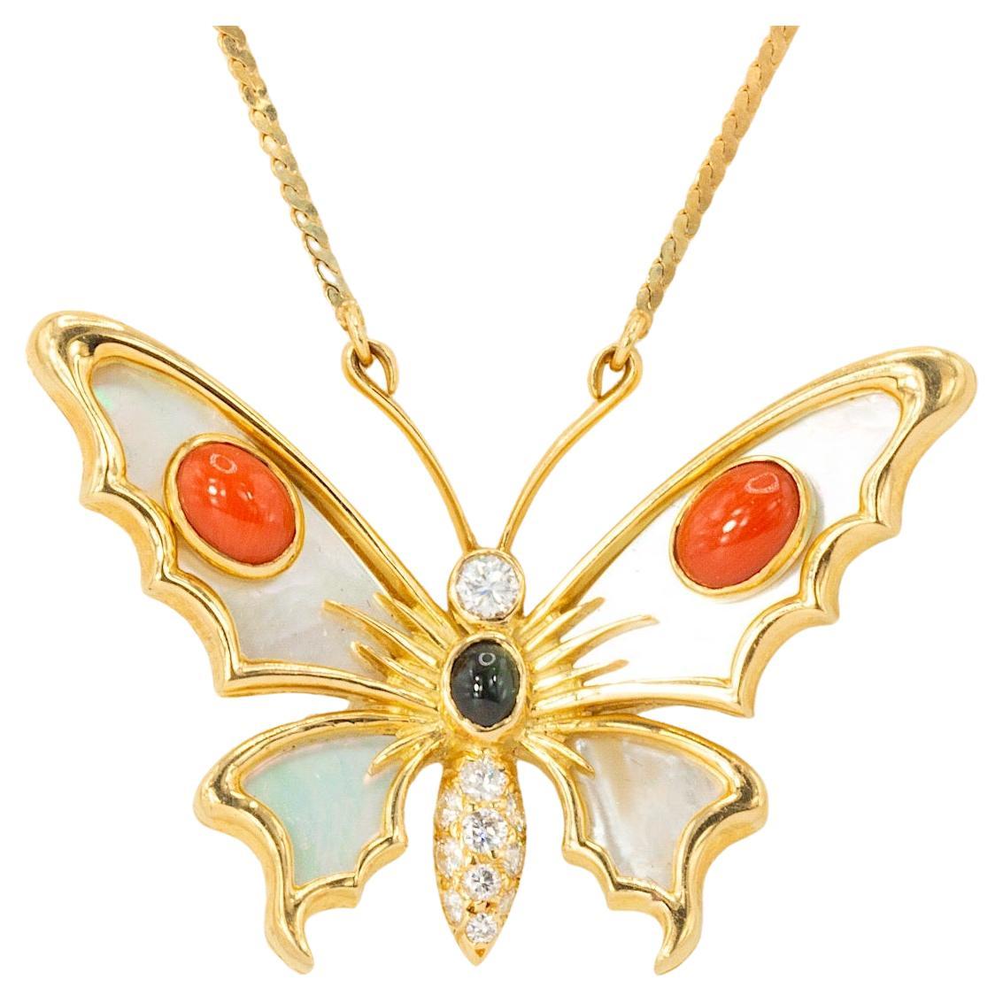 Ciondolo d'epoca con farfalla a più pietre in oro 18k e collana in oro giallo 14k