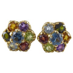 Vintage Multi-Stone Earrings in Yellow Gold, Floral Design