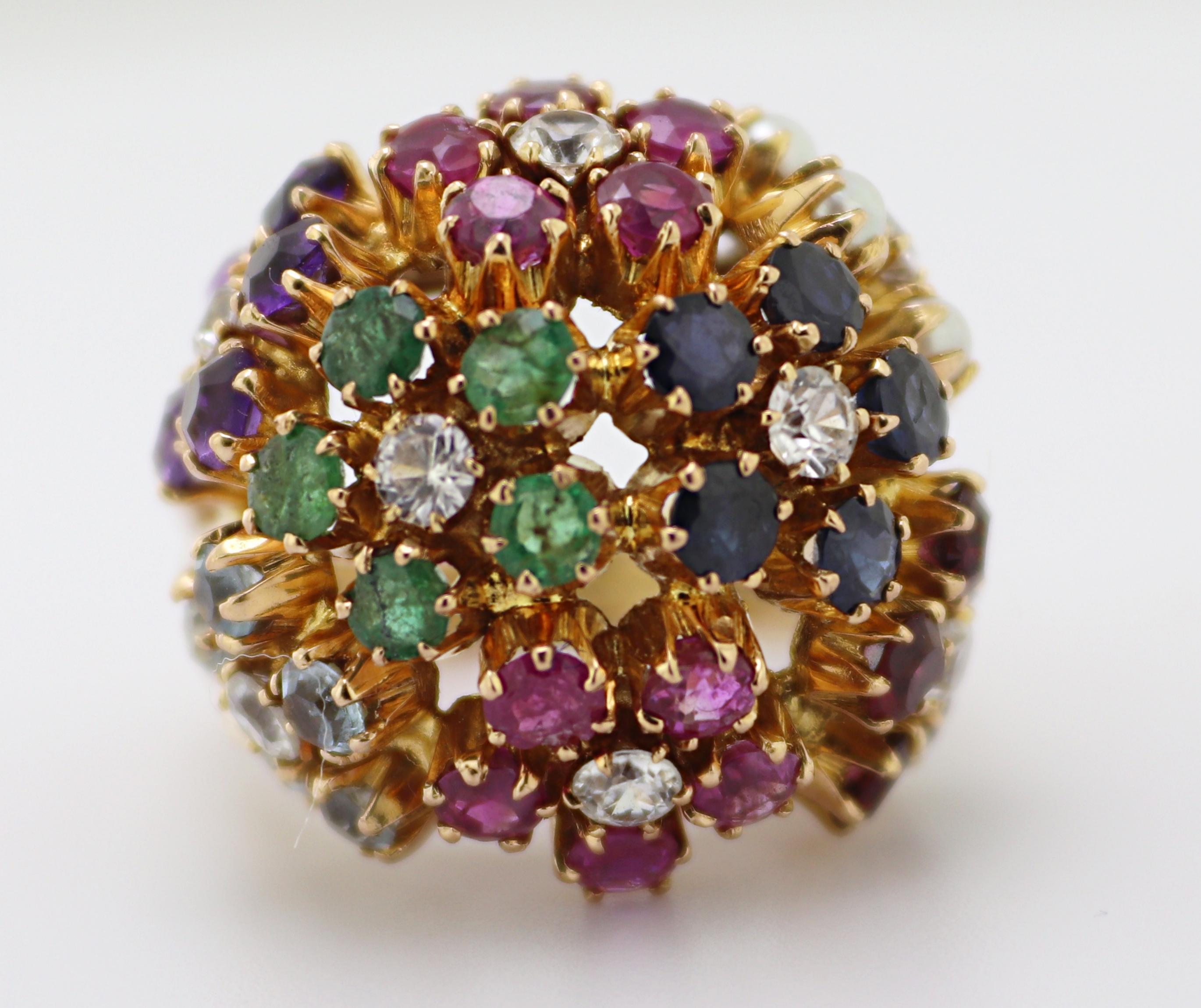 Mehrsteiniger Bombe-Blumenring aus Gelbgold Damen im Angebot