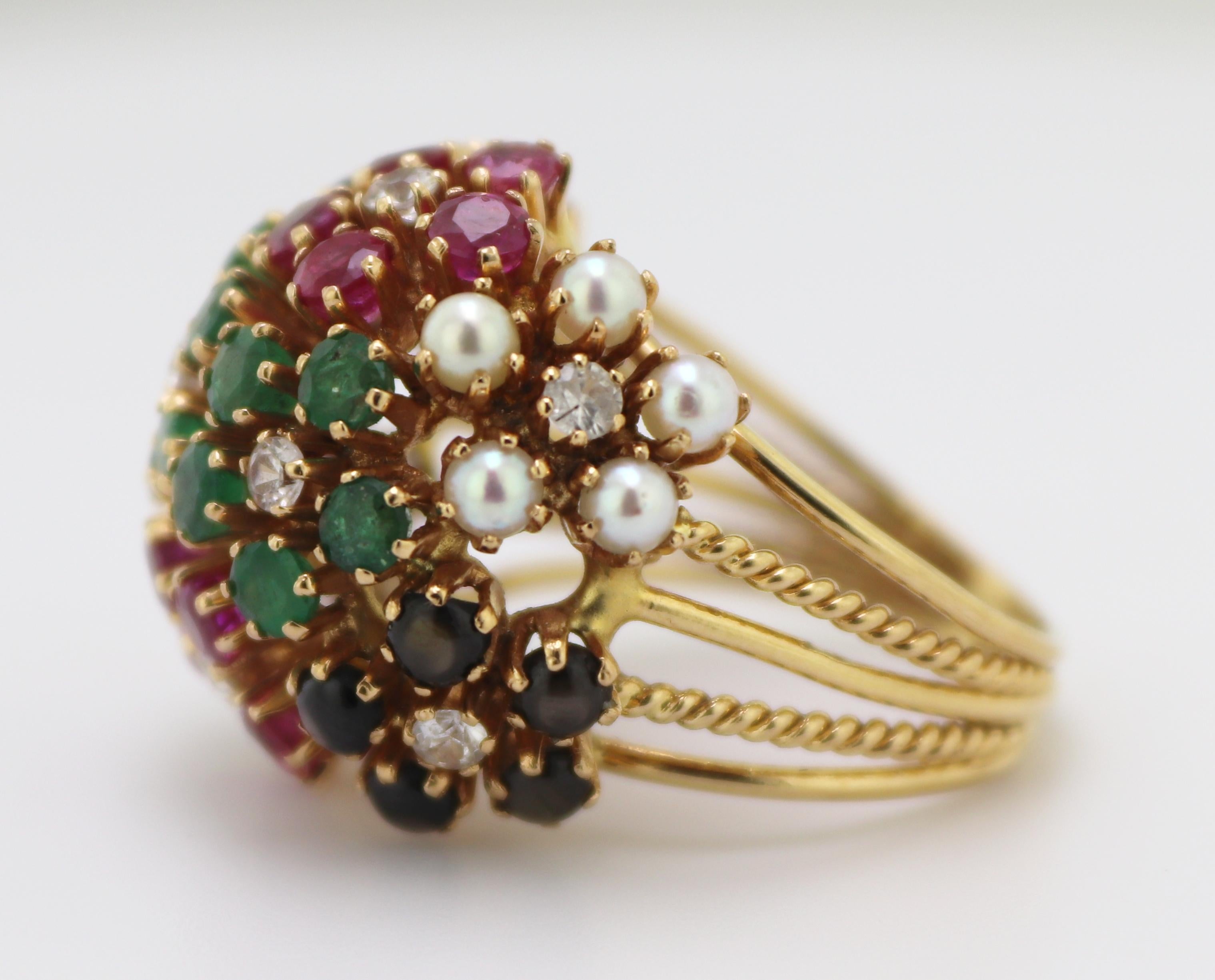 Vintage Multi-Stone, Yellow Gold Bombe Flower Ring In Good Condition For Sale In Pleasant Hill, CA