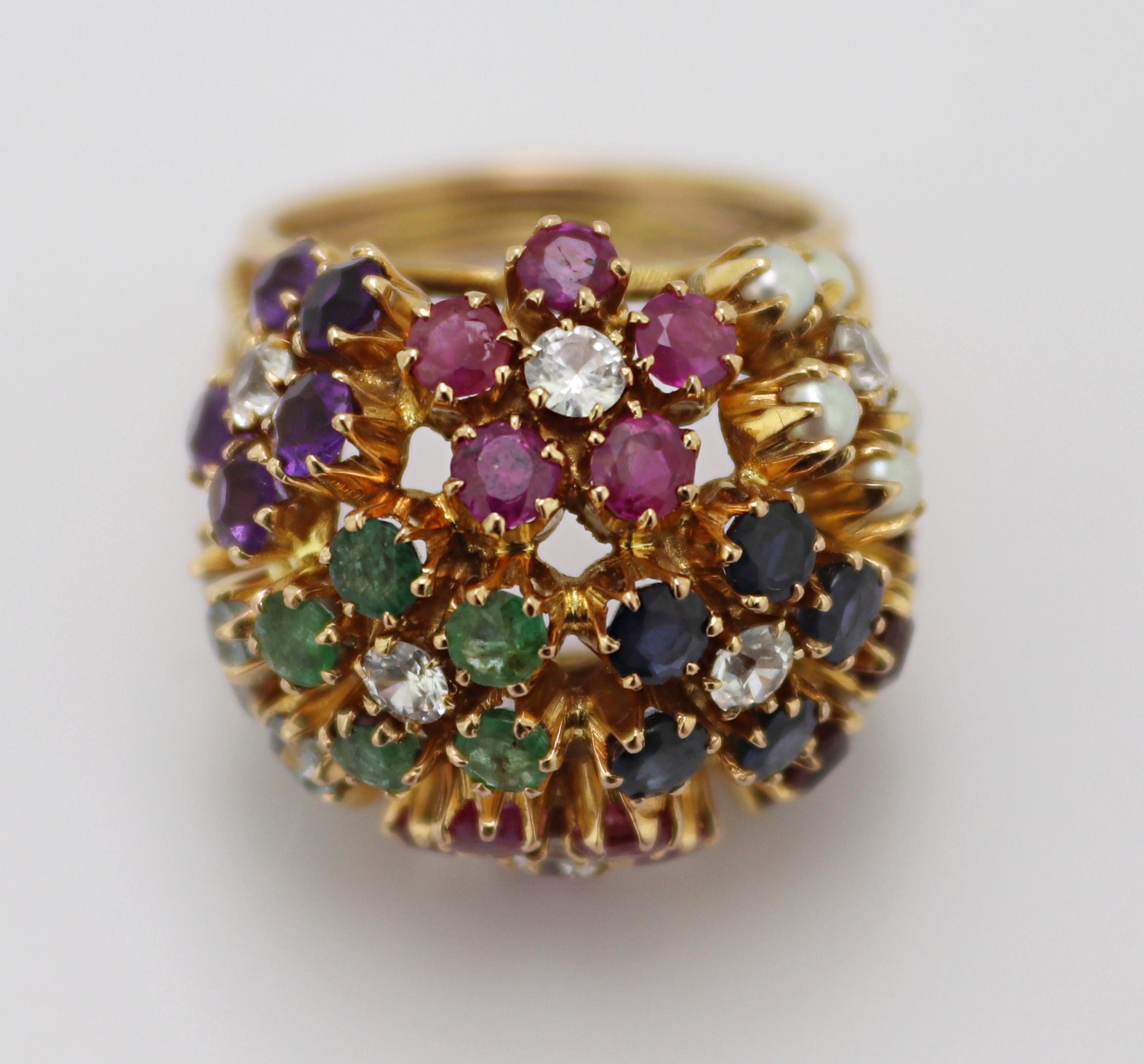 Mehrsteiniger Bombe-Blumenring aus Gelbgold im Angebot 1