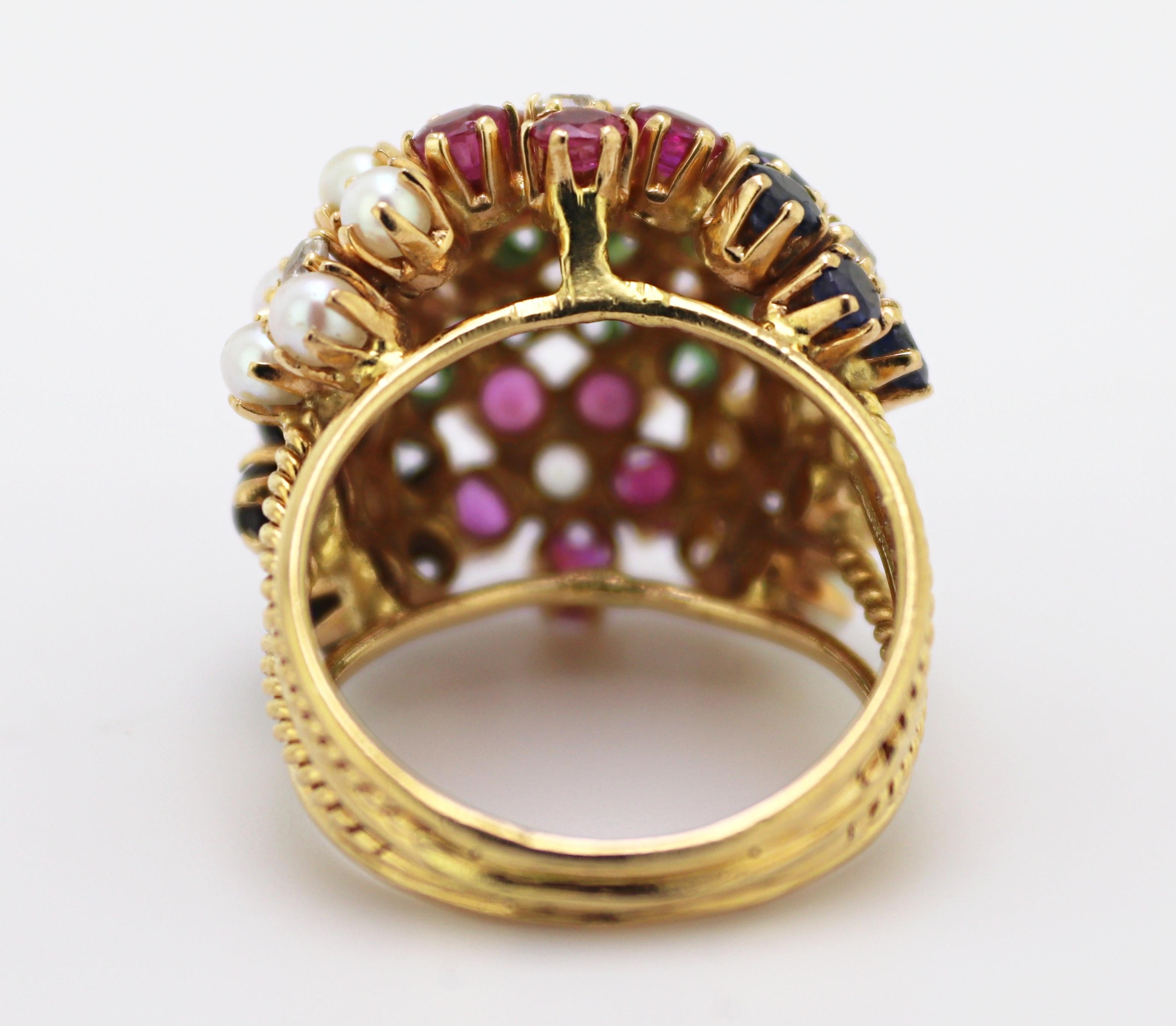 Women's Vintage Multi-Stone, Yellow Gold Bombe Flower Ring For Sale