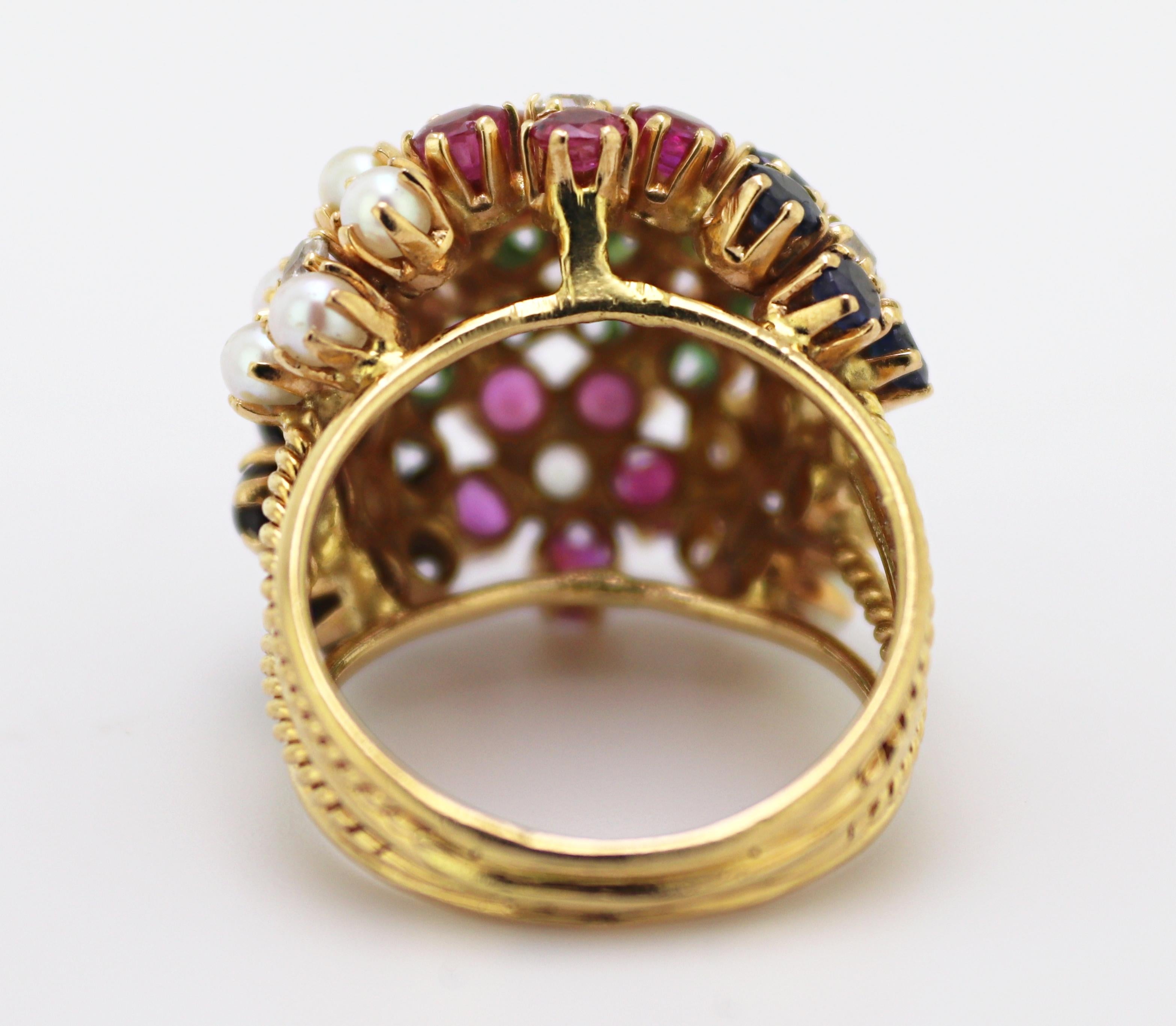 Mehrsteiniger Bombe-Blumenring aus Gelbgold im Angebot 1