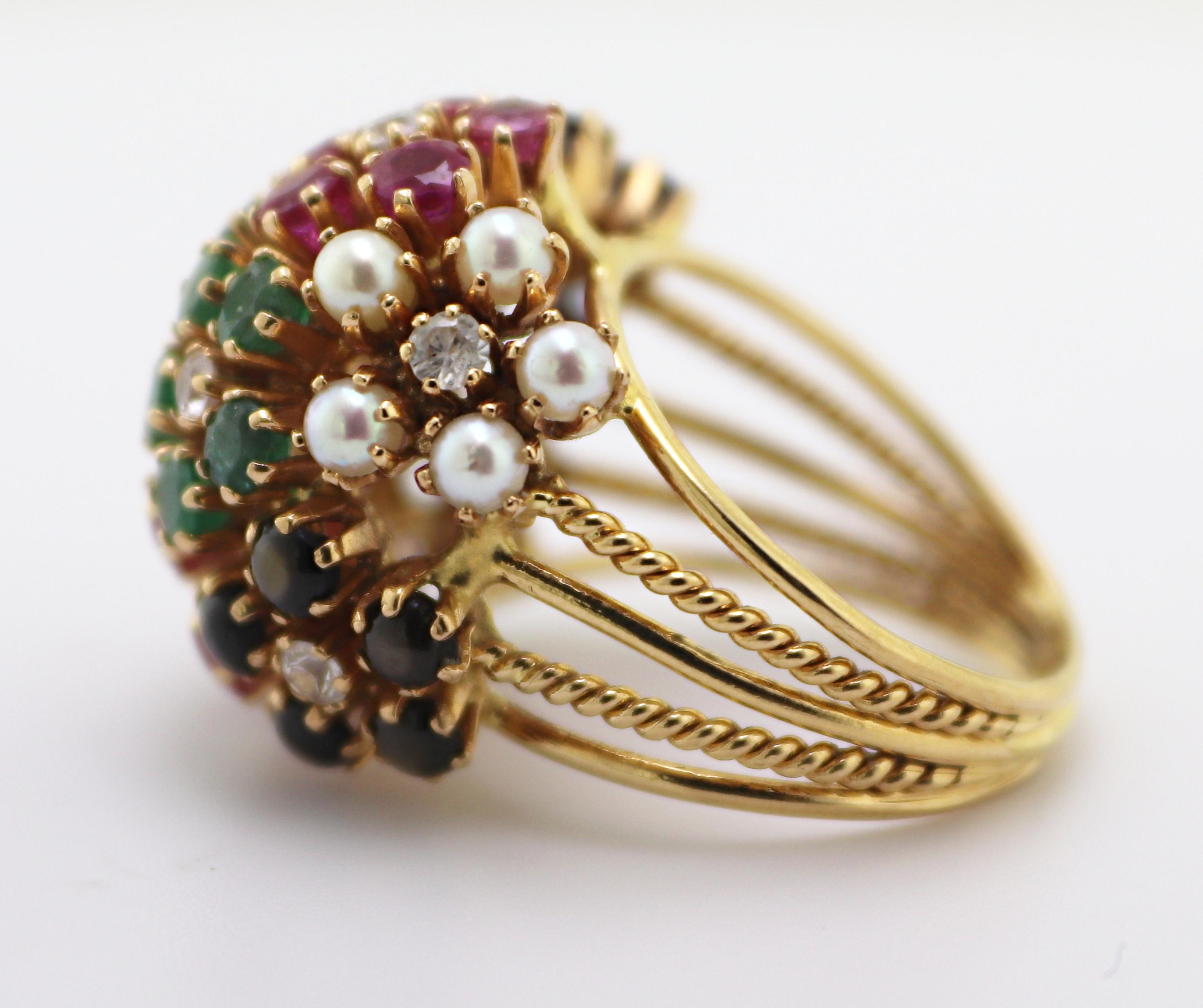Vintage Multi-Stone, Yellow Gold Bombe Flower Ring For Sale 1