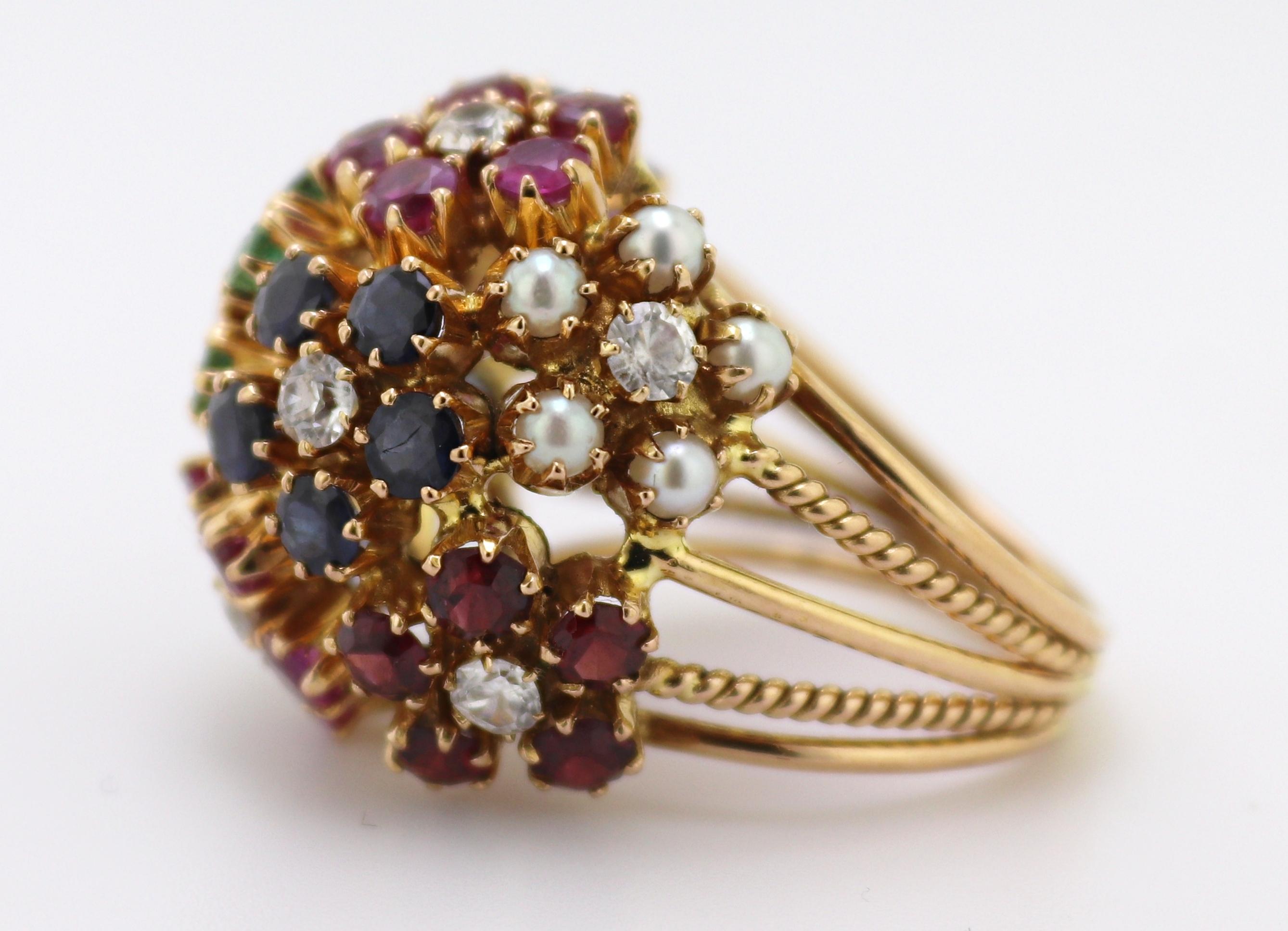 Mehrsteiniger Bombe-Blumenring aus Gelbgold im Angebot 3
