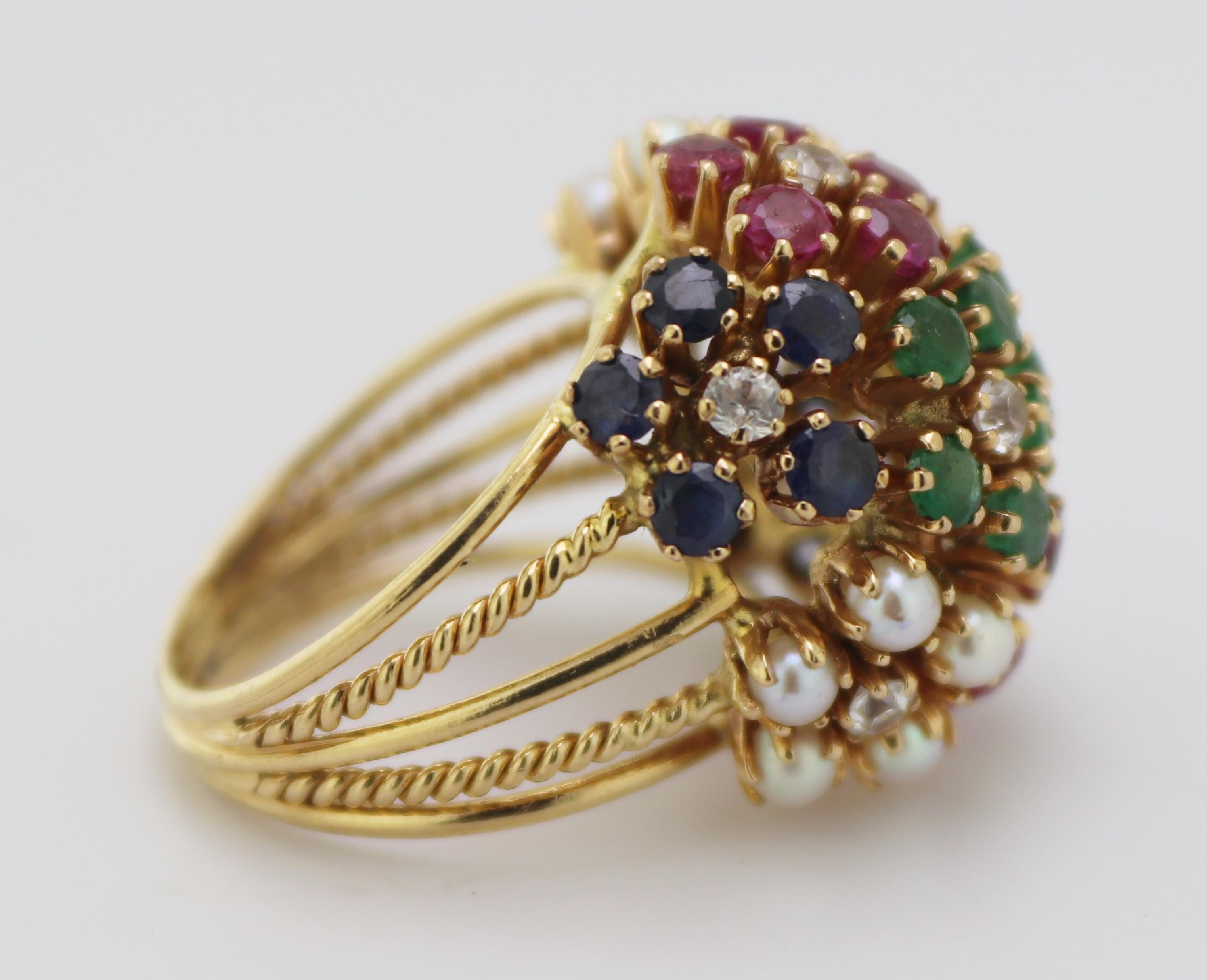 Vintage Multi-Stone, Yellow Gold Bombe Flower Ring For Sale 2