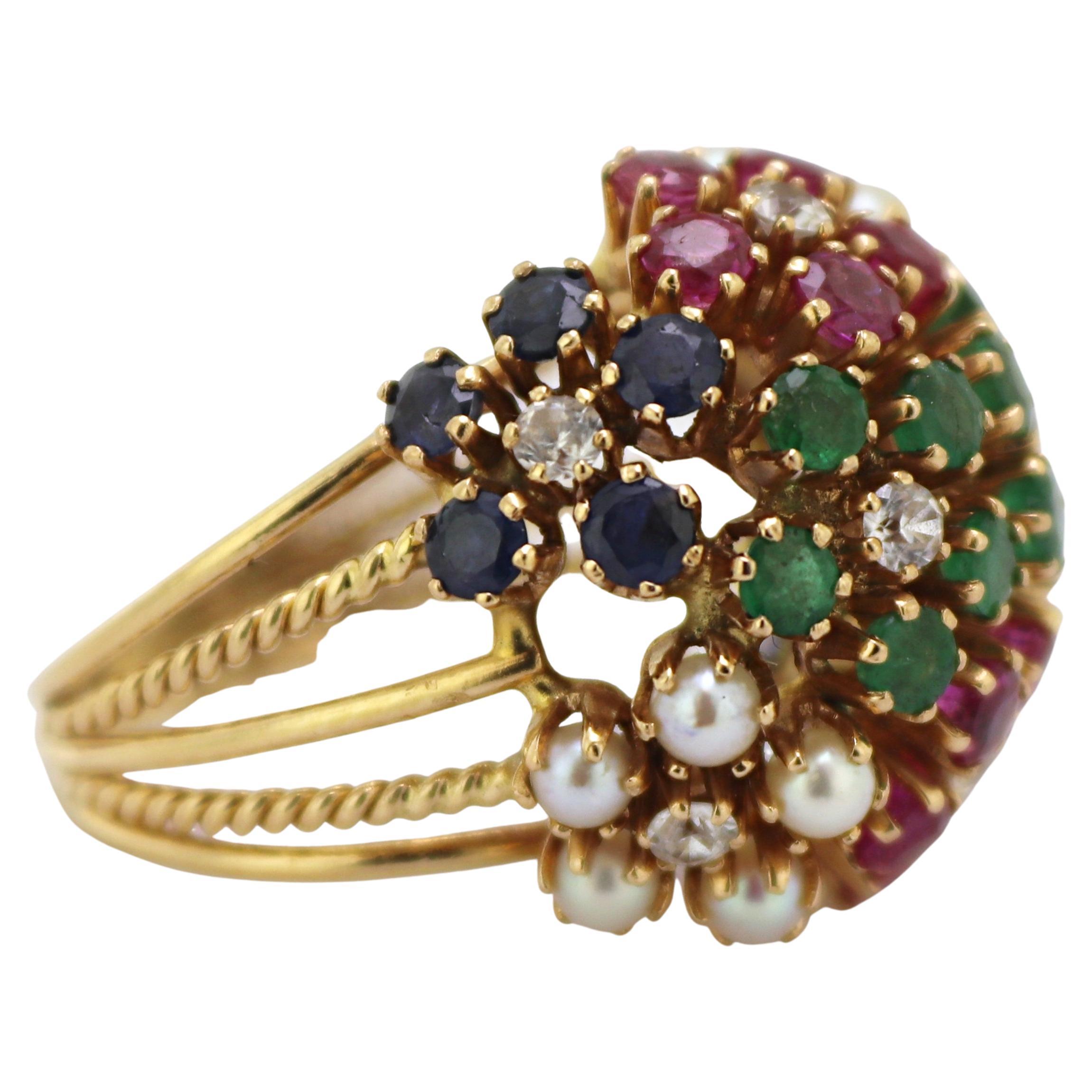 Vintage Multi-Stone, Yellow Gold Bombe Flower Ring For Sale