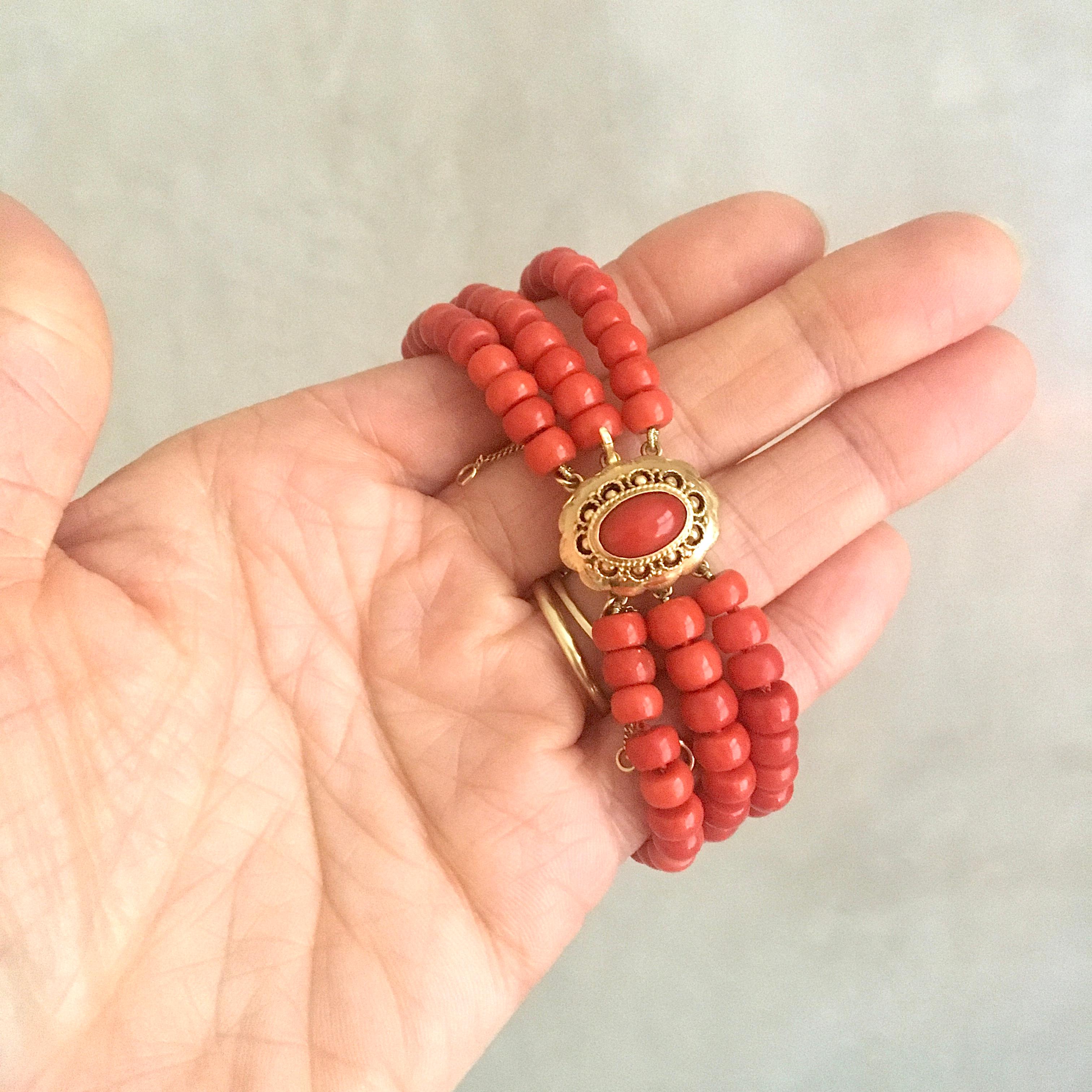 14K Gold Multi-Strand Red Coral Cannetille Beaded Bracelet 1