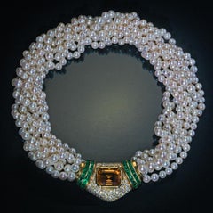 Vintage Multi Strand Cultured Pearl Necklace With Jeweled Gold Clasp