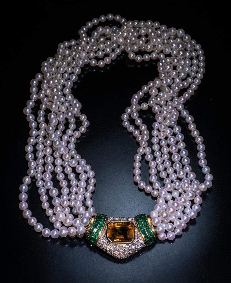 Women's Vintage Multi Strand Cultured Pearl Necklace With Jeweled Gold Clasp For Sale