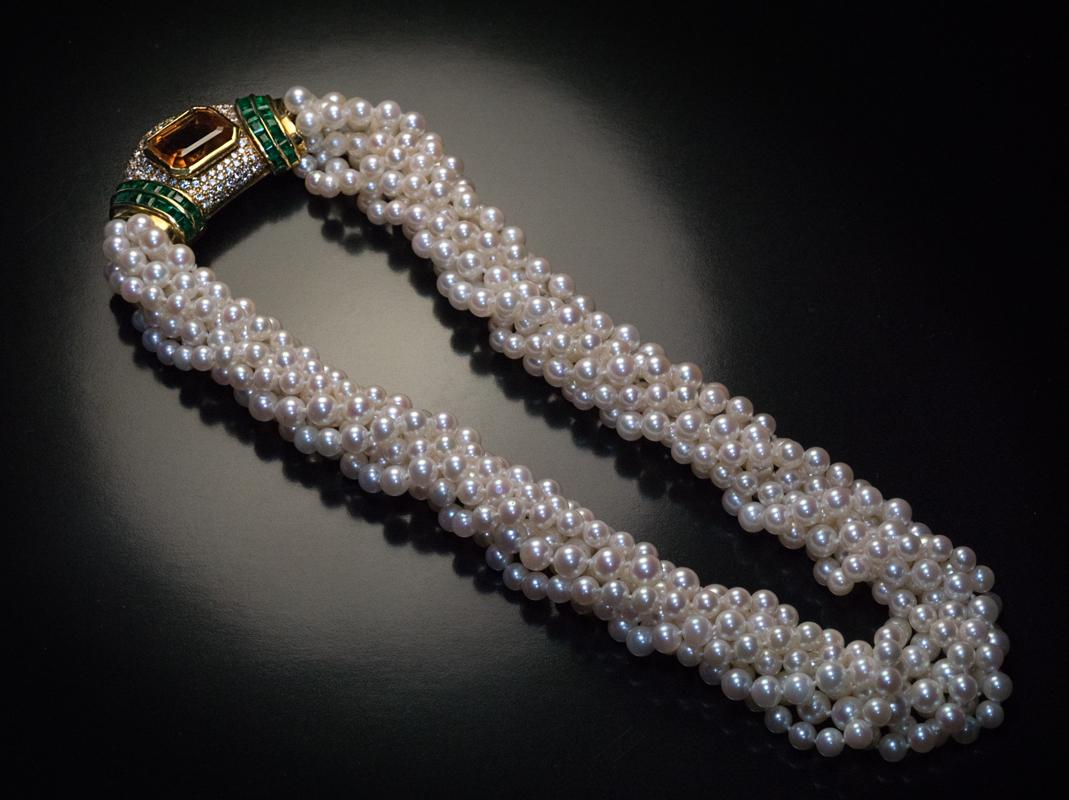 Vintage Multi Strand Cultured Pearl Necklace With Jeweled Gold Clasp For Sale 2