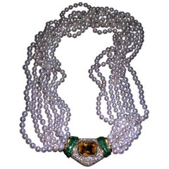 Retro Multi Strand Cultured Pearl Necklace With Jeweled Gold Clasp
