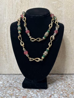 Vintage Multi Strand Gold Red & Green Beaded Necklace