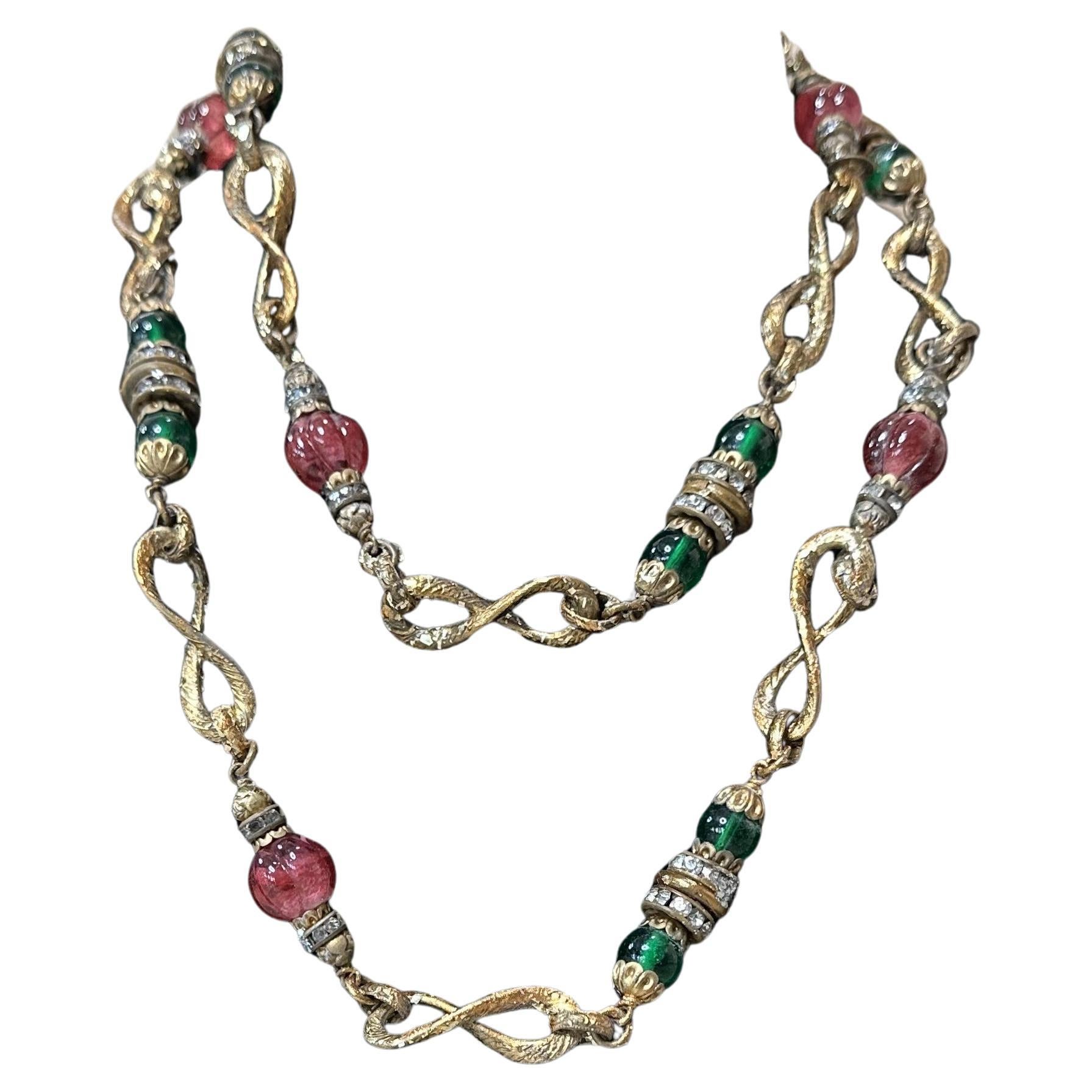 Collier vintage multi-brins en perles or, rouge et vert