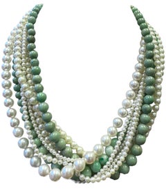 Vintage Multi-Strand Jade and Cultured Pearl Necklace with 14K Yellow Gold Clasp