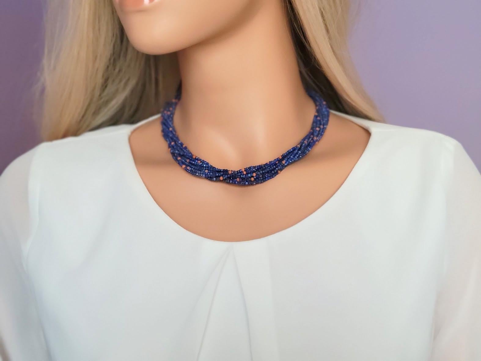 Vintage Multi Strang Lapis Lazuli Koralle Torsade Halskette (Perle) im Angebot