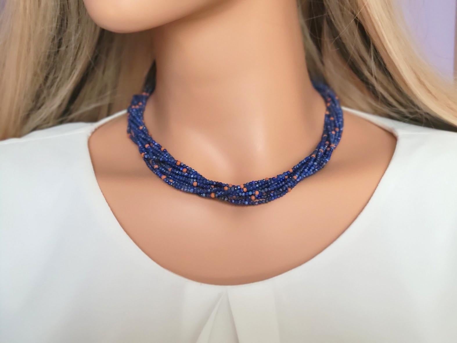 Vintage Multi Strand Lapis Lazuli Coral Torsade Necklace In Excellent Condition For Sale In Chesterland, OH