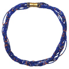 Vintage Multi Strand Lapis Lazuli Coral Torsade Necklace