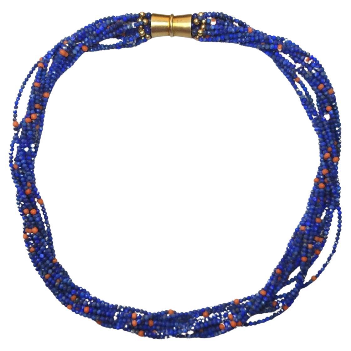 Vintage Multi Strand Lapis Lazuli Coral Torsade Necklace For Sale