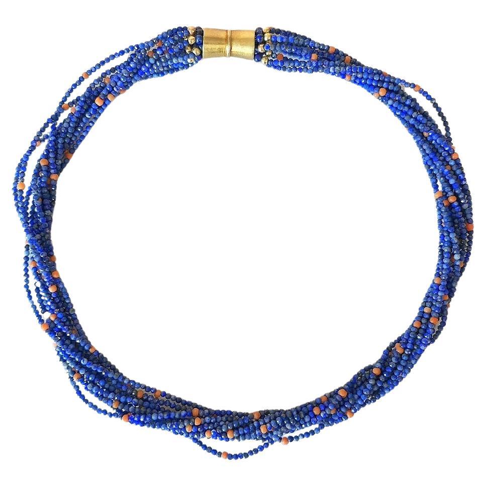 Collana a più fili di corallo e lapislazzuli d'epoca