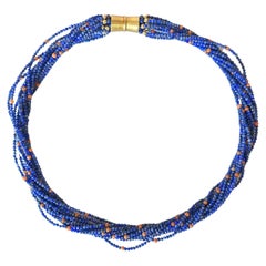 Vintage Multi Strand Lapis Lazuli Coral Torsade Necklace