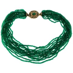 Vintage Multi-Strand Necklace Enamel Emerald Gold Clasp