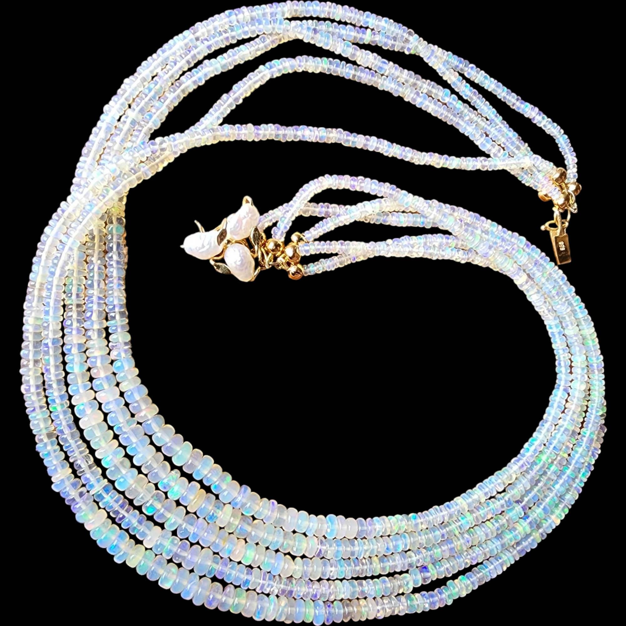 Artisan Vintage Multi-Strand Opal Bead Necklace, 14k Gold Clasp With Pearls For Sale