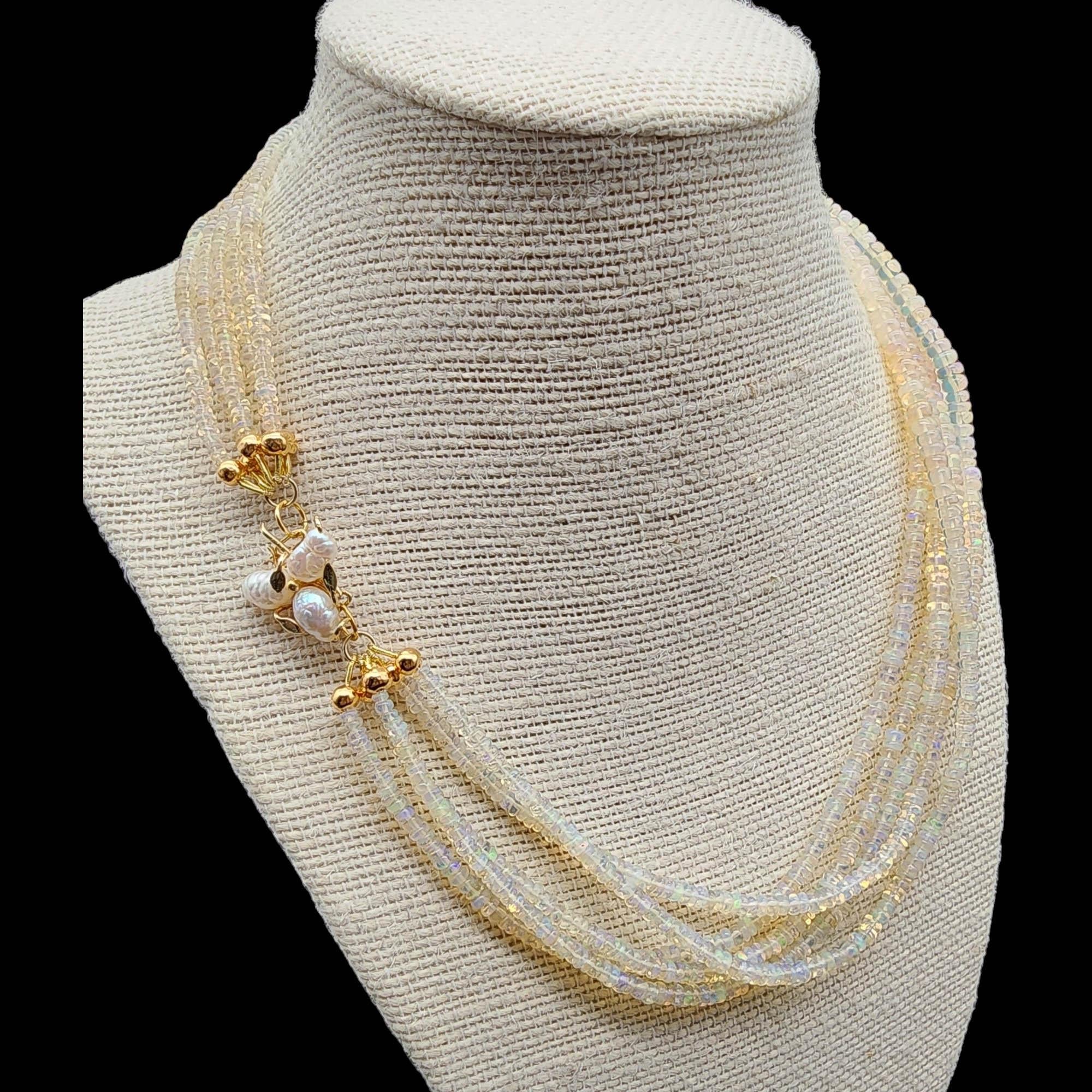 Vintage Multi-Strand Opal Bead Necklace, 14k Gold Clasp With Pearls In Excellent Condition For Sale In Milford, DE