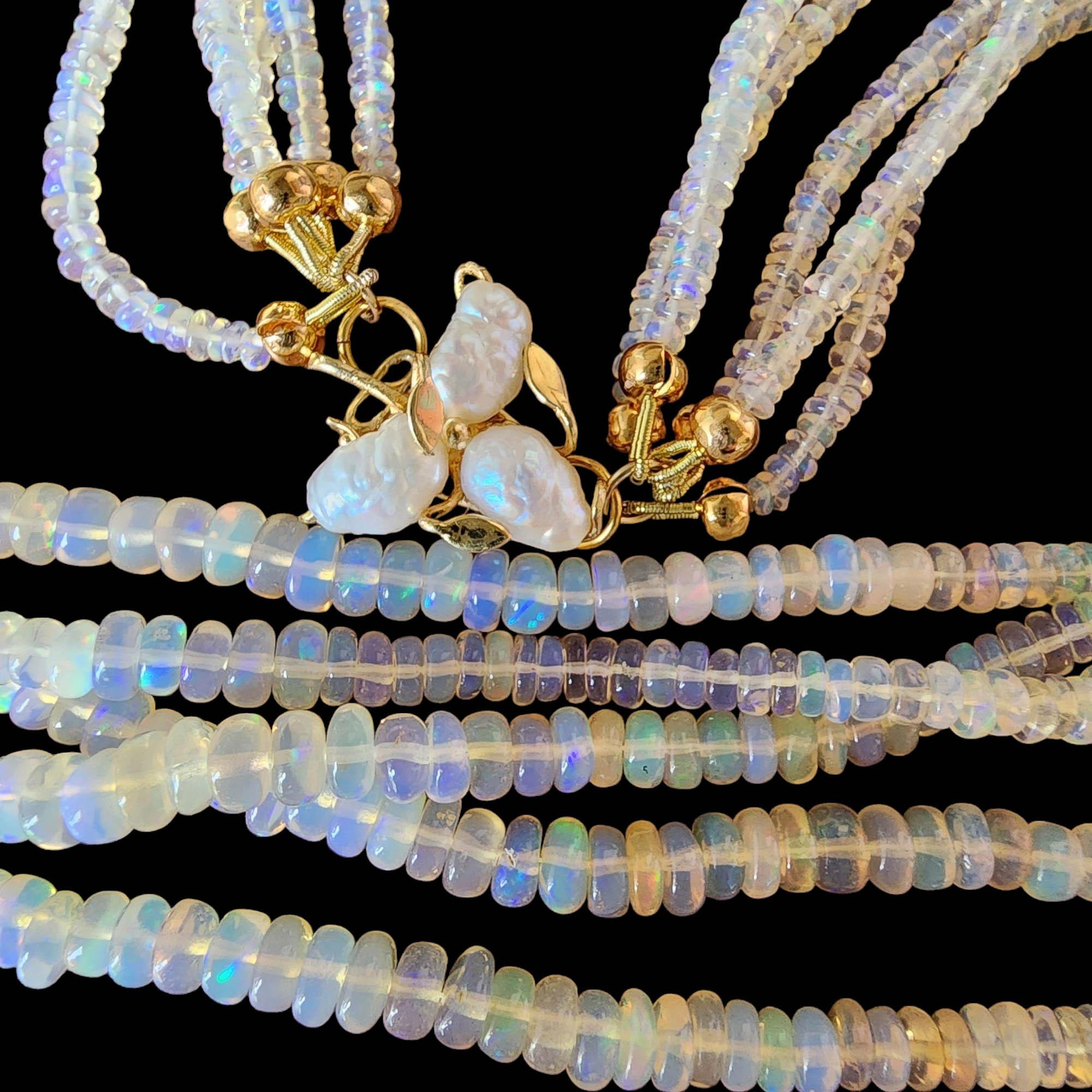 Women's or Men's Vintage Multi-Strand Opal Bead Necklace, 14k Gold Clasp With Pearls For Sale