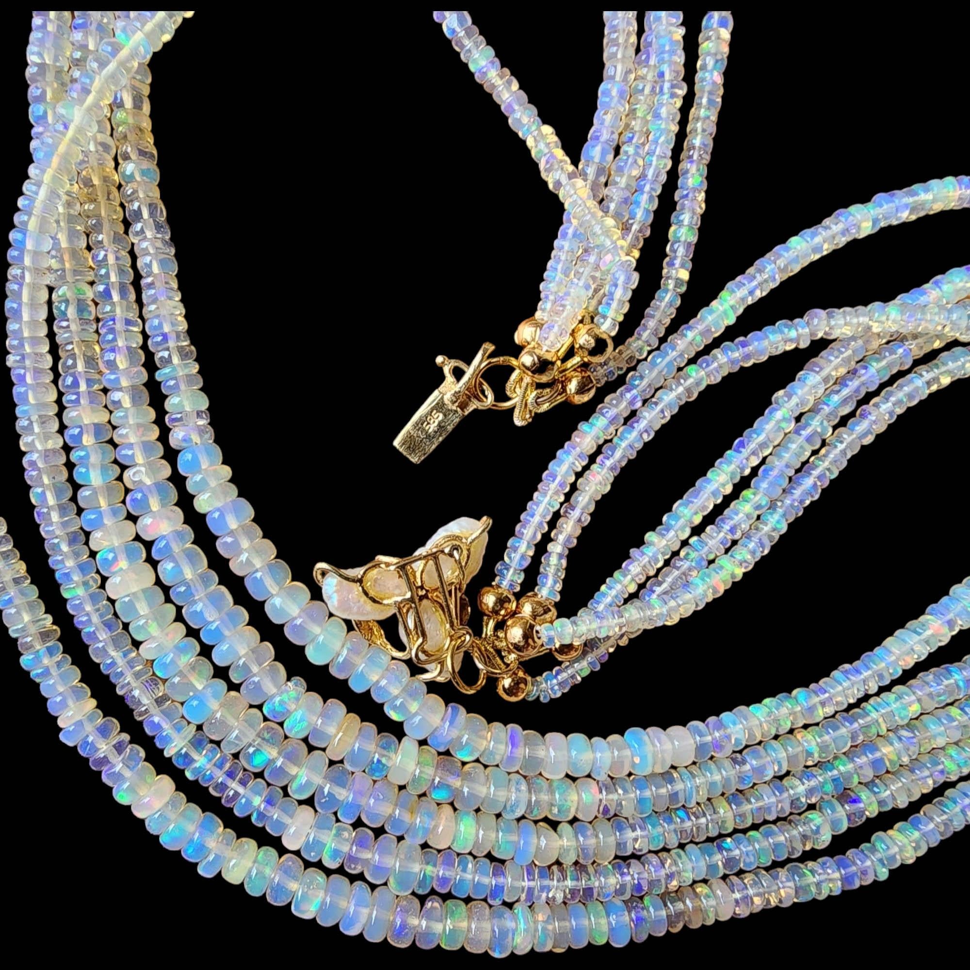 Vintage Multi-Strand Opal Bead Necklace, 14k Gold Clasp With Pearls For Sale 1