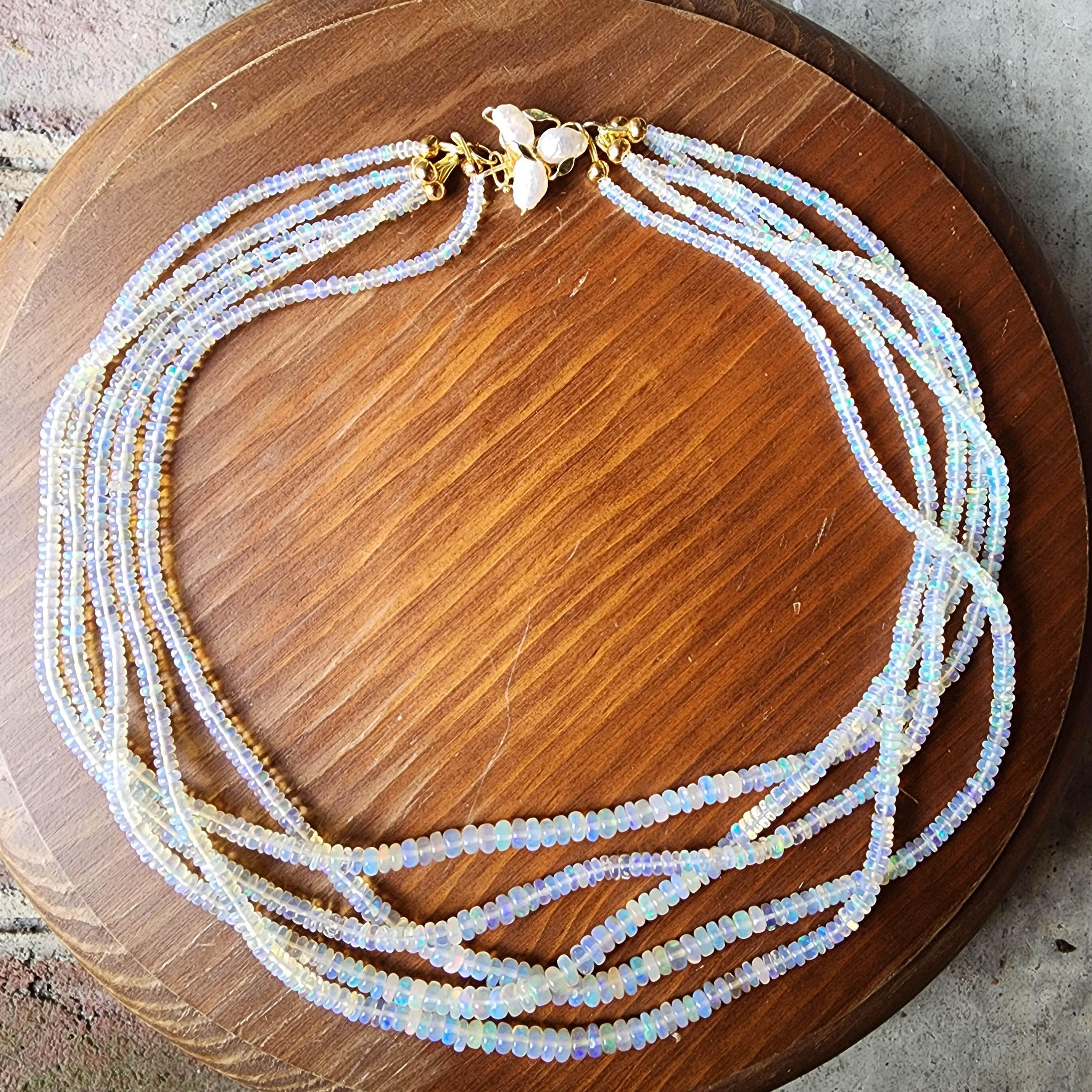 Vintage Multi-Strand Opal Bead Necklace, 14k Gold Clasp With Pearls For Sale 3