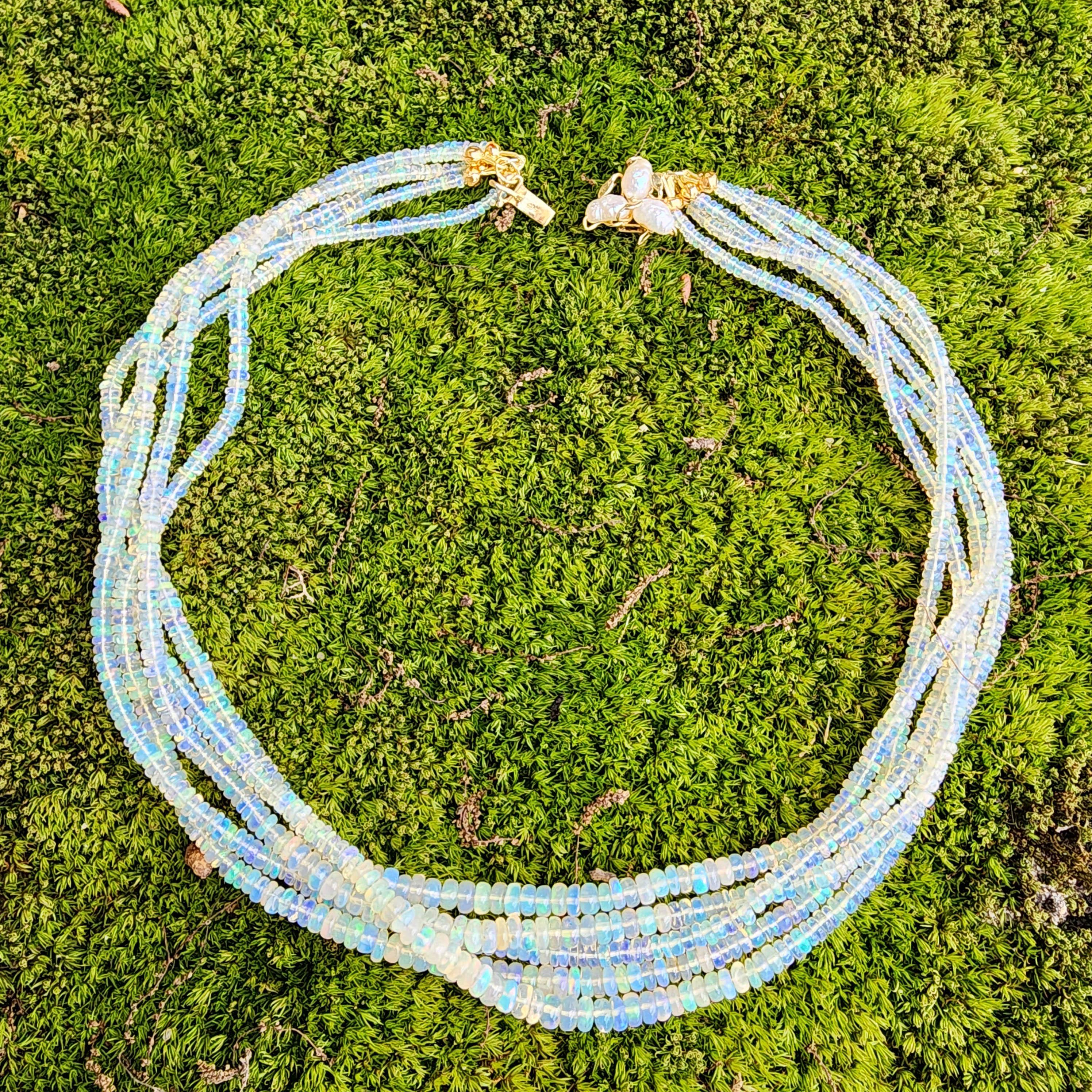 Vintage Multi-Strand Opal Bead Necklace, 14k Gold Clasp With Pearls For Sale 4