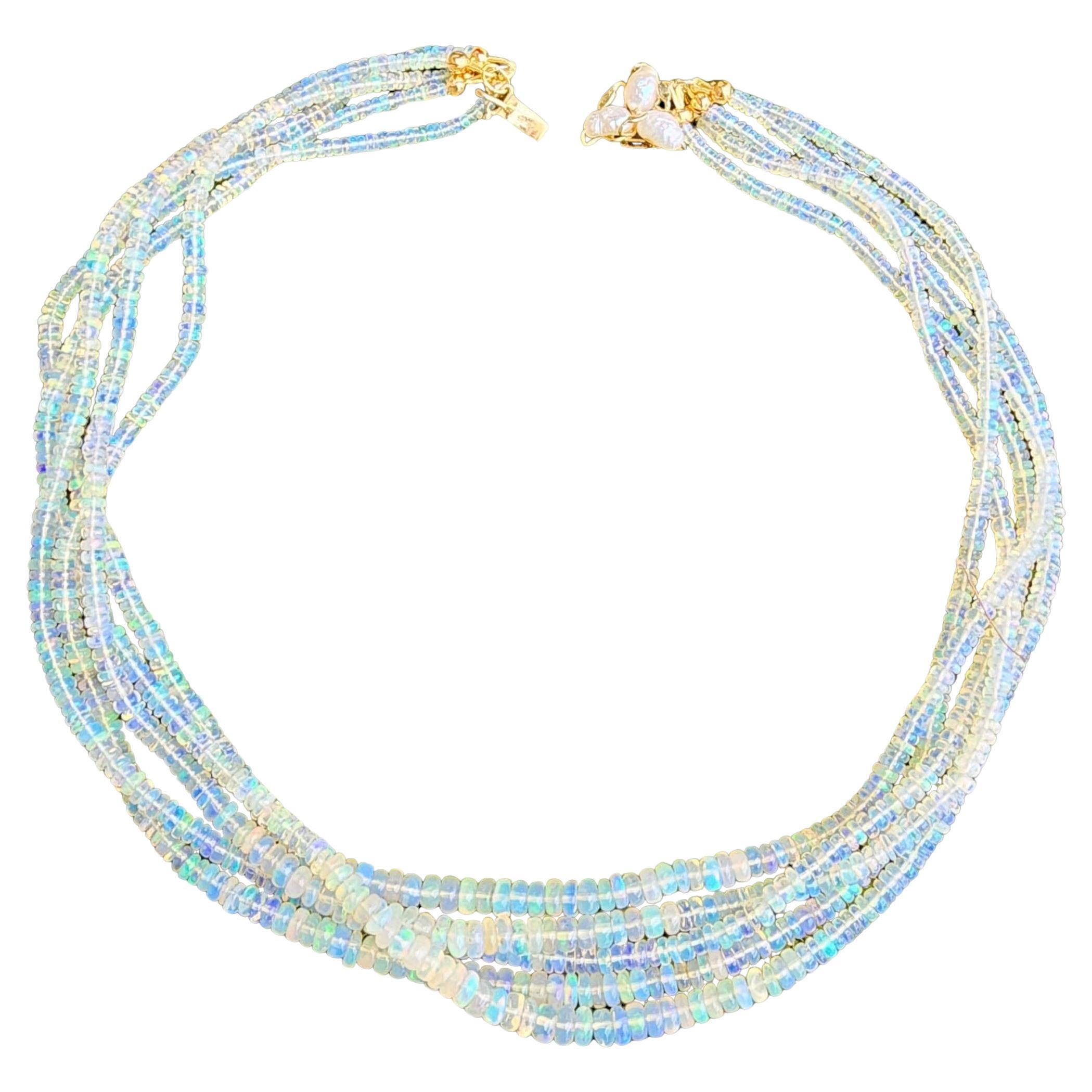 Vintage Multi-Strand Opal Bead Necklace, 14k Gold Clasp With Pearls For Sale