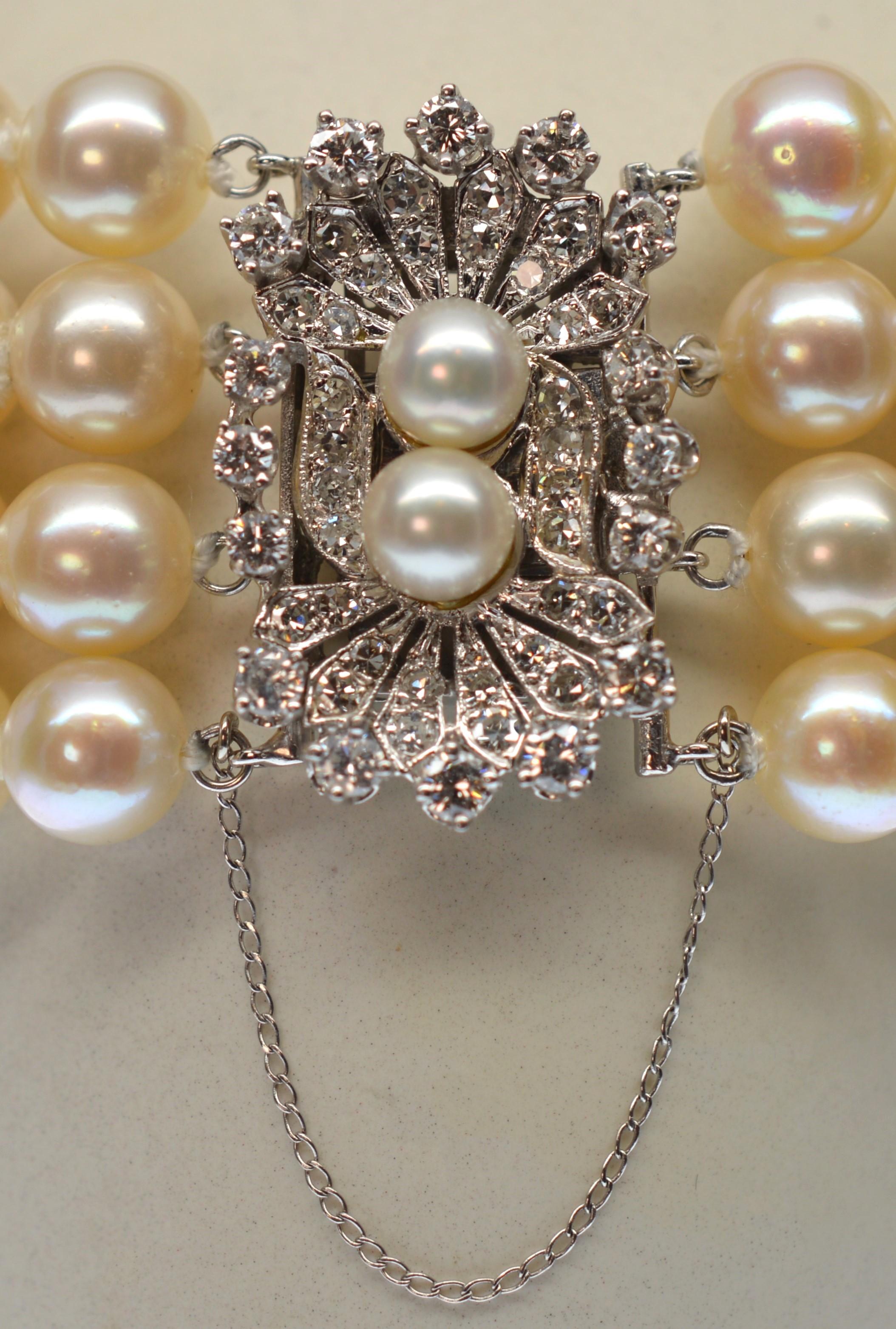 Art Deco Vintage Multi Strand Pearl Diamond Bracelet w Exquisite Diamond White Gold Clasp For Sale