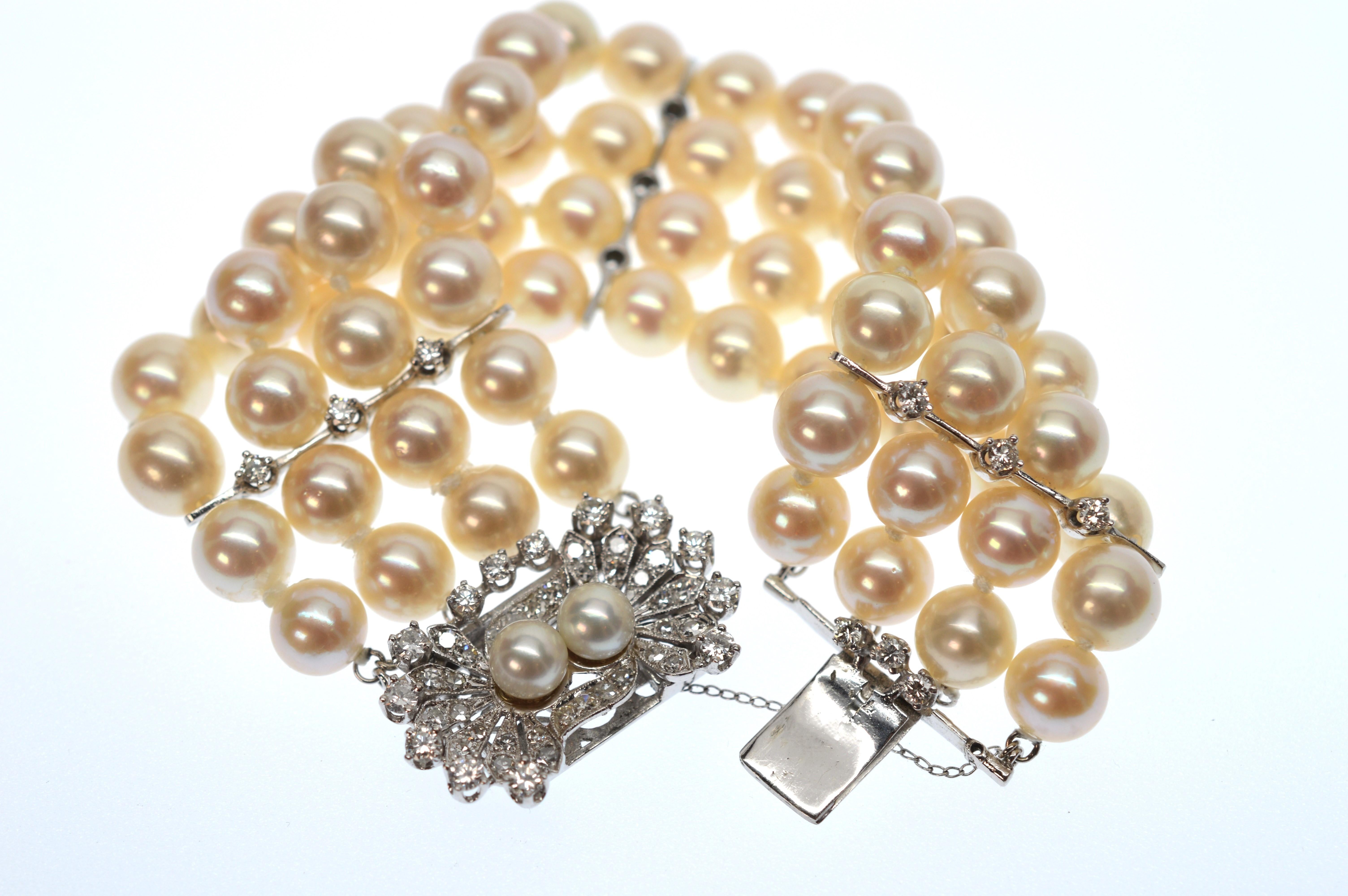 Round Cut Vintage Multi Strand Pearl Diamond Bracelet w Exquisite Diamond White Gold Clasp For Sale