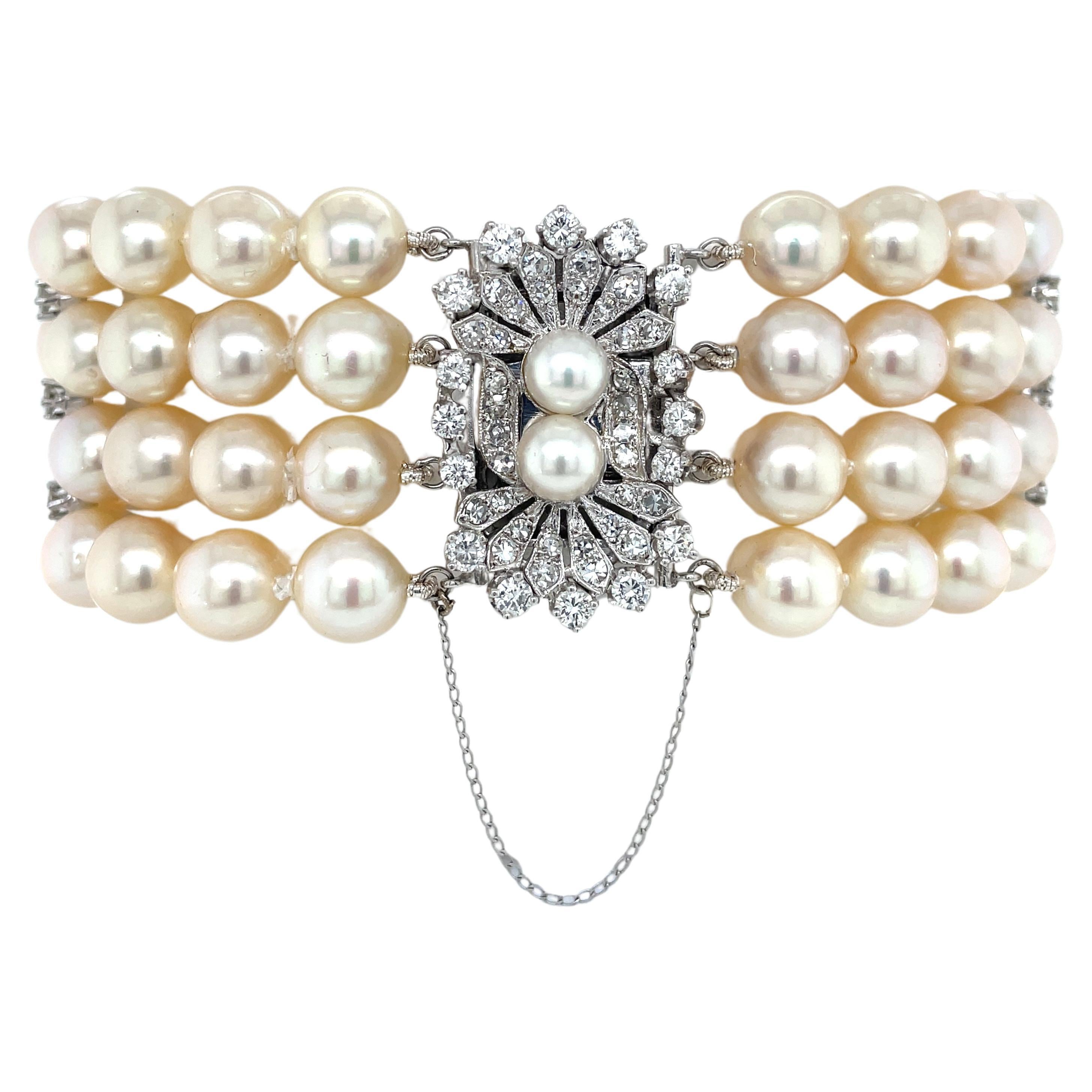 Vintage Multi Strand Pearl Diamond Bracelet w Exquisite Diamond White Gold Clasp