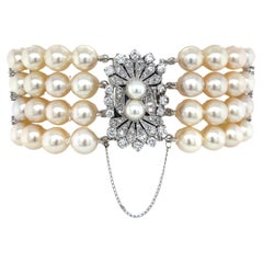 Vintage Multi Strand Pearl Diamond Bracelet w Exquisite Diamond White Gold Clasp