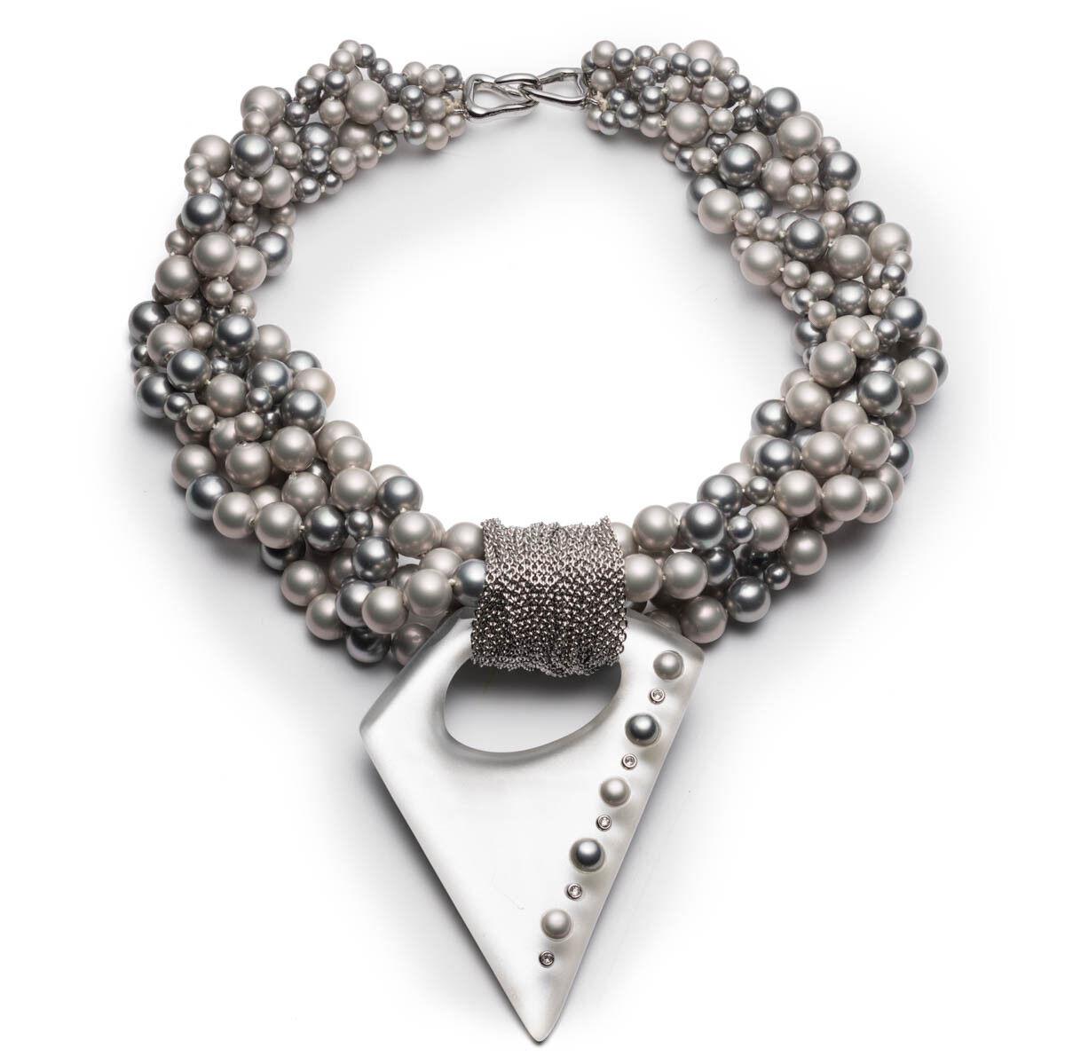 Simply Beautiful! Chic and Stylish Multi Strand Pearl Studded Silver Lucite Drop Pendant Necklace make up this Fabulous Designer Necklace by Alexis Bittar. Measuring approx. 24