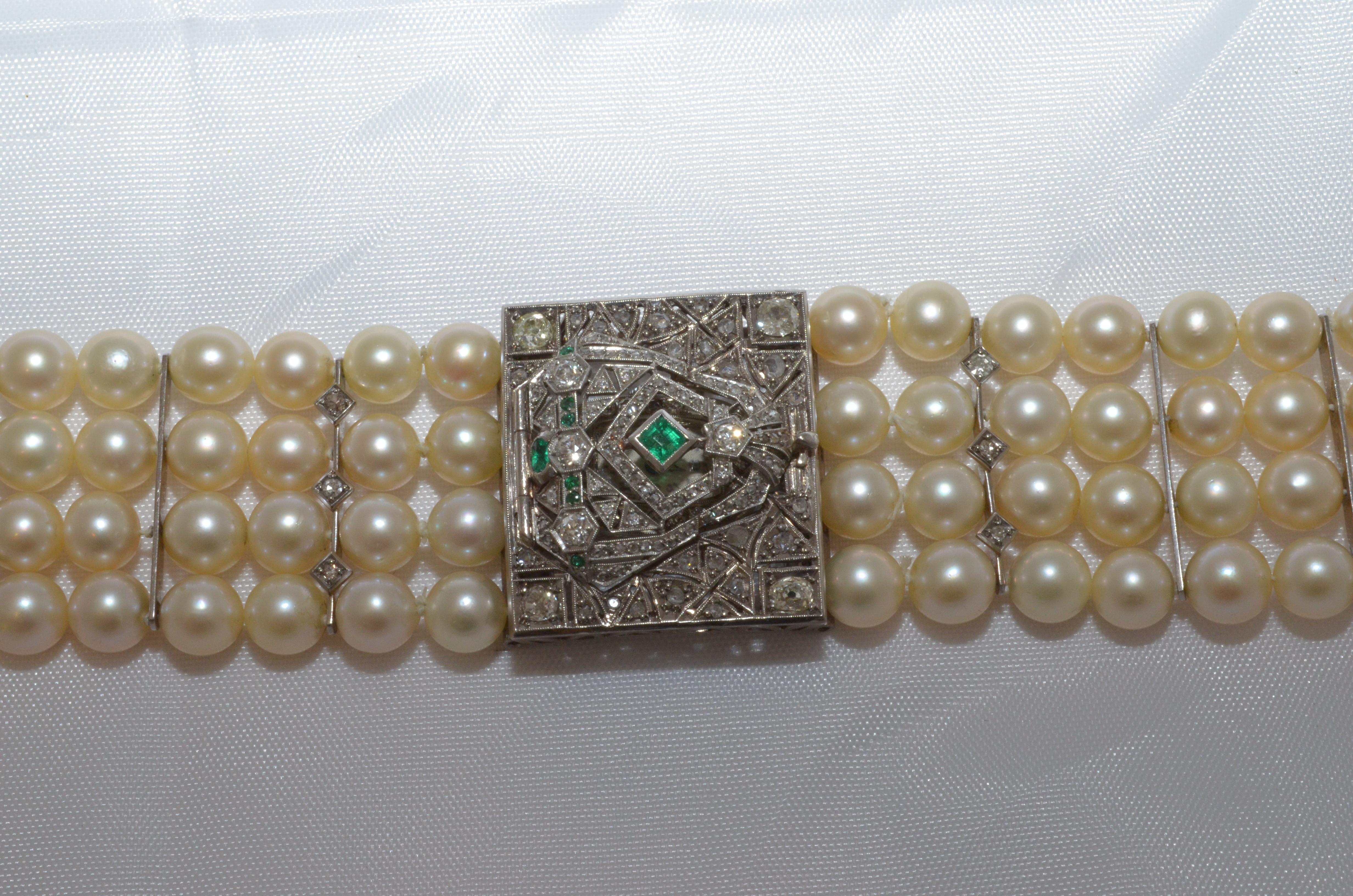 Art Deco Vintage Multi-Strand Pearl Watch with Deco Design, Diamonds & Emeralds