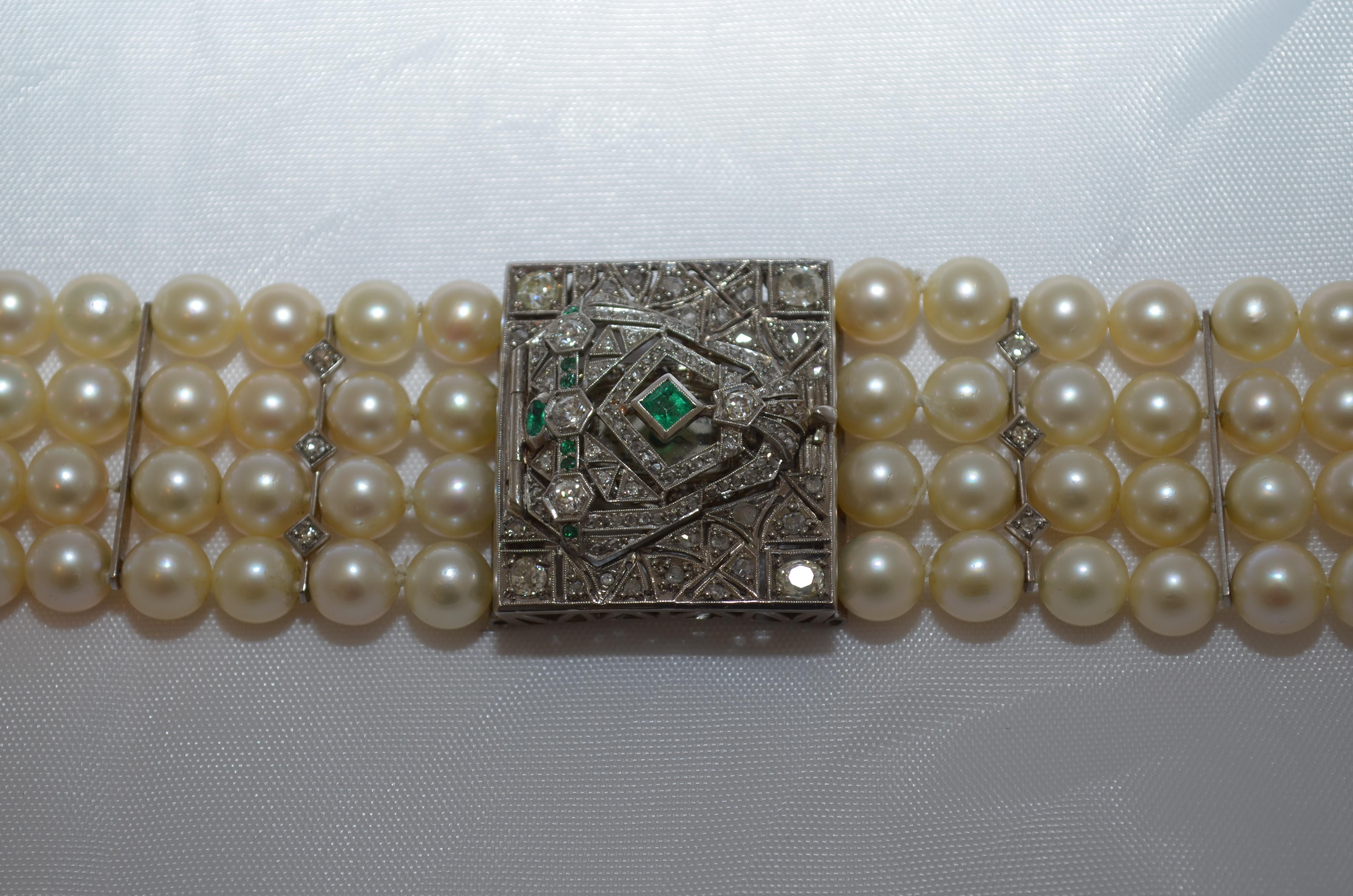 Vintage Multi-Strand Pearl Watch with Deco Design, Diamonds & Emeralds In Excellent Condition In Carmel, CA