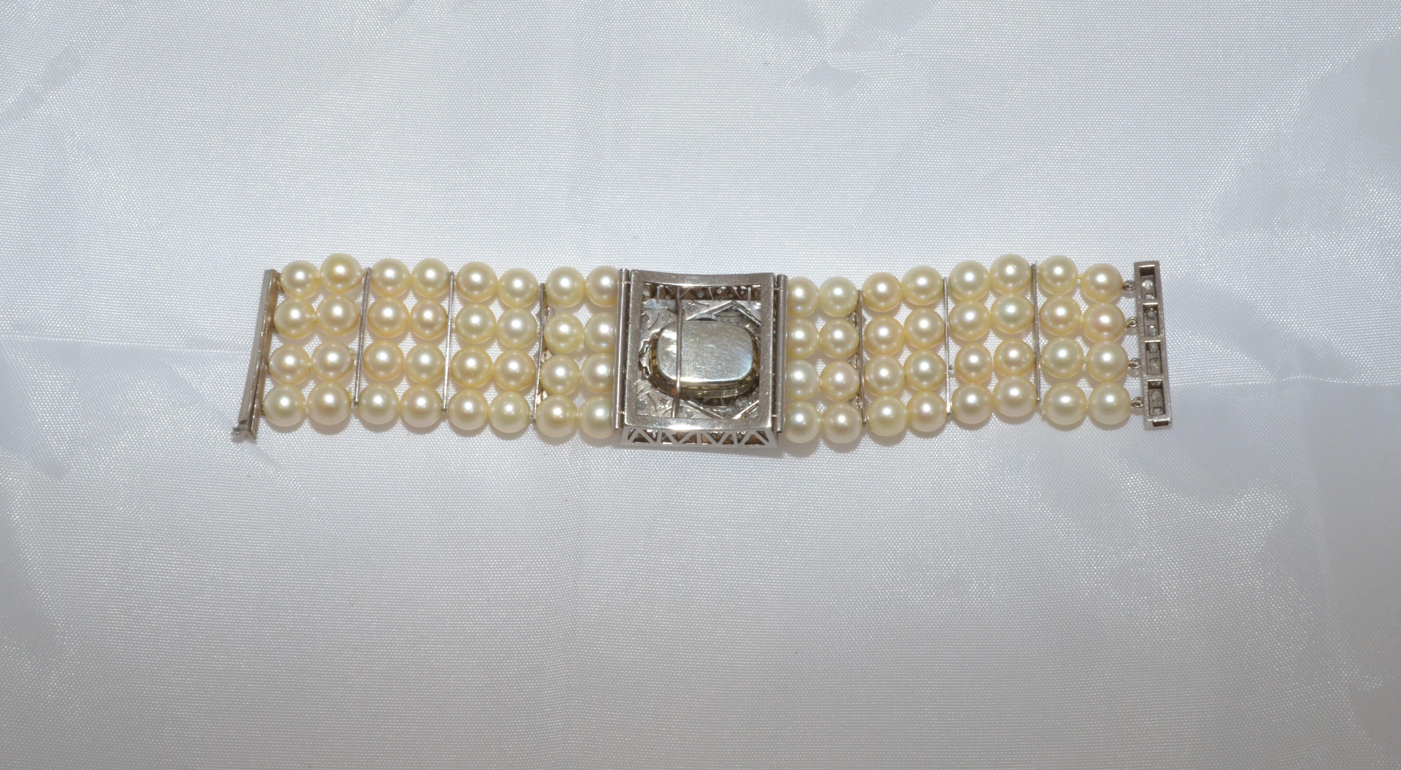 Women's Vintage Multi-Strand Pearl Watch with Deco Design, Diamonds & Emeralds