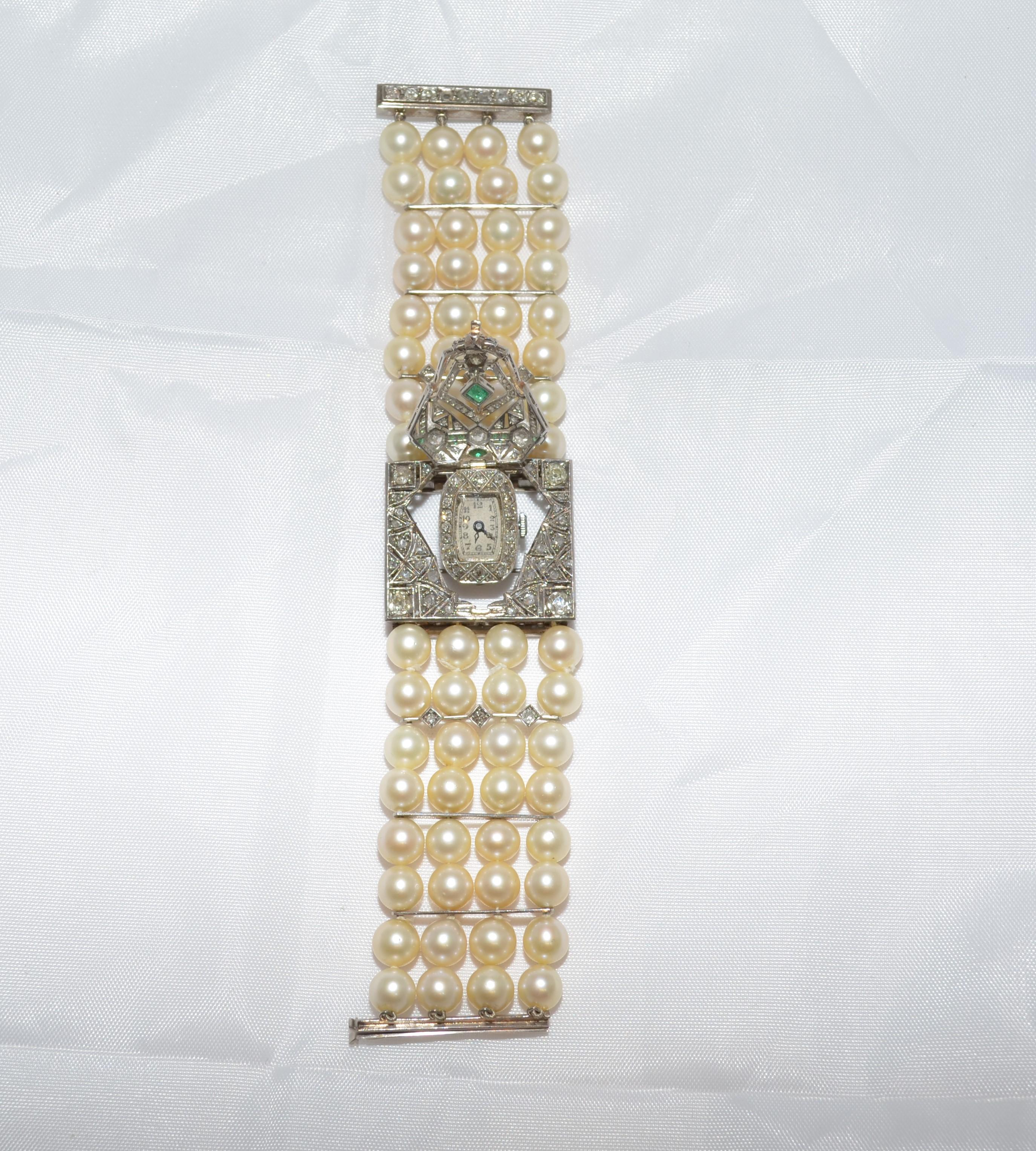 Vintage Multi-Strand Pearl Watch with Deco Design, Diamonds & Emeralds 1