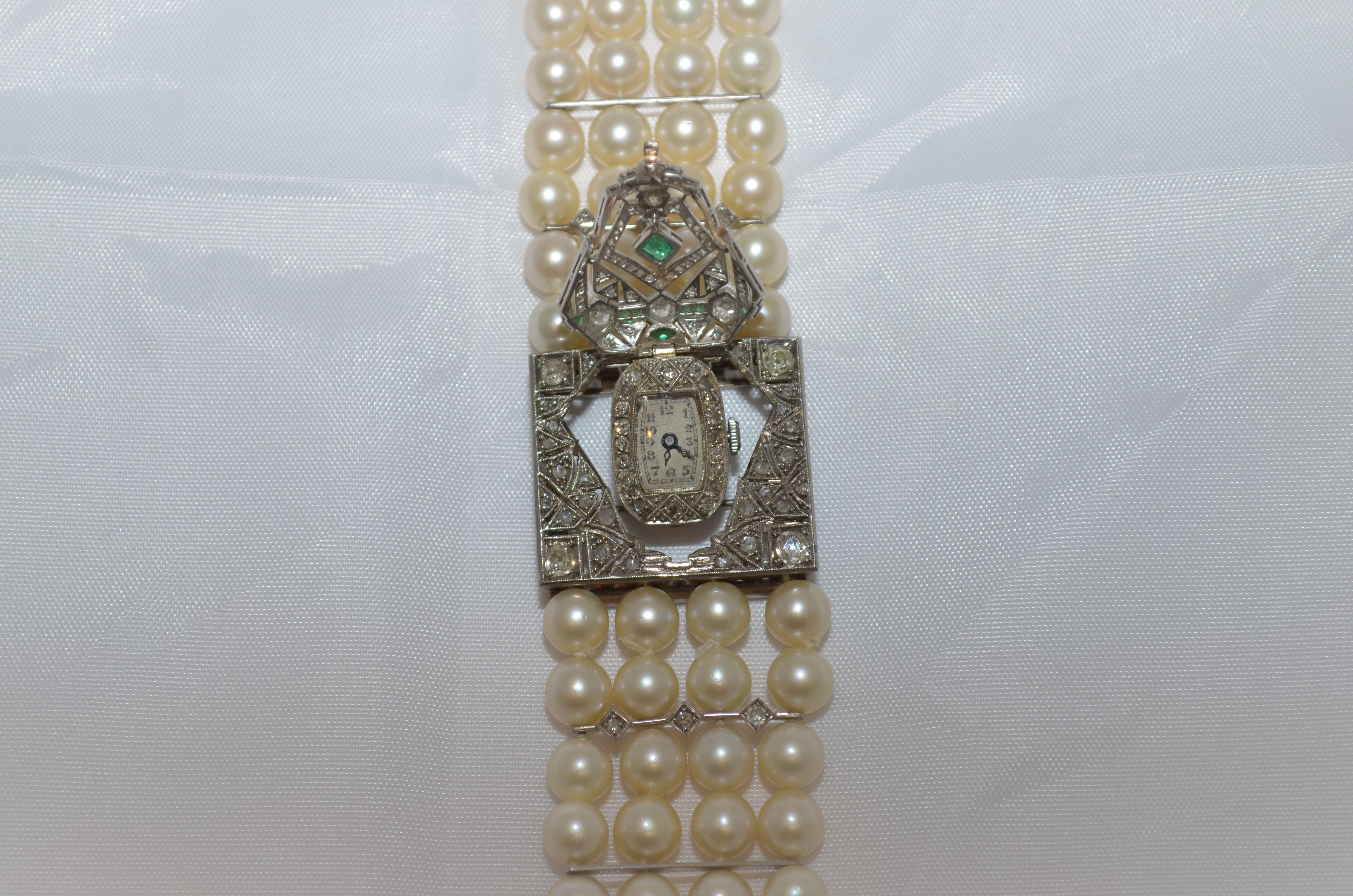 Vintage Multi-Strand Pearl Watch with Deco Design, Diamonds & Emeralds 2