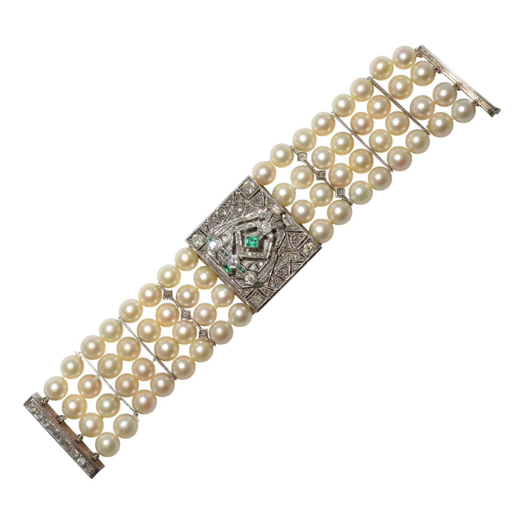 Vintage Multi-Strand Pearl Watch with Deco Design, Diamonds & Emeralds